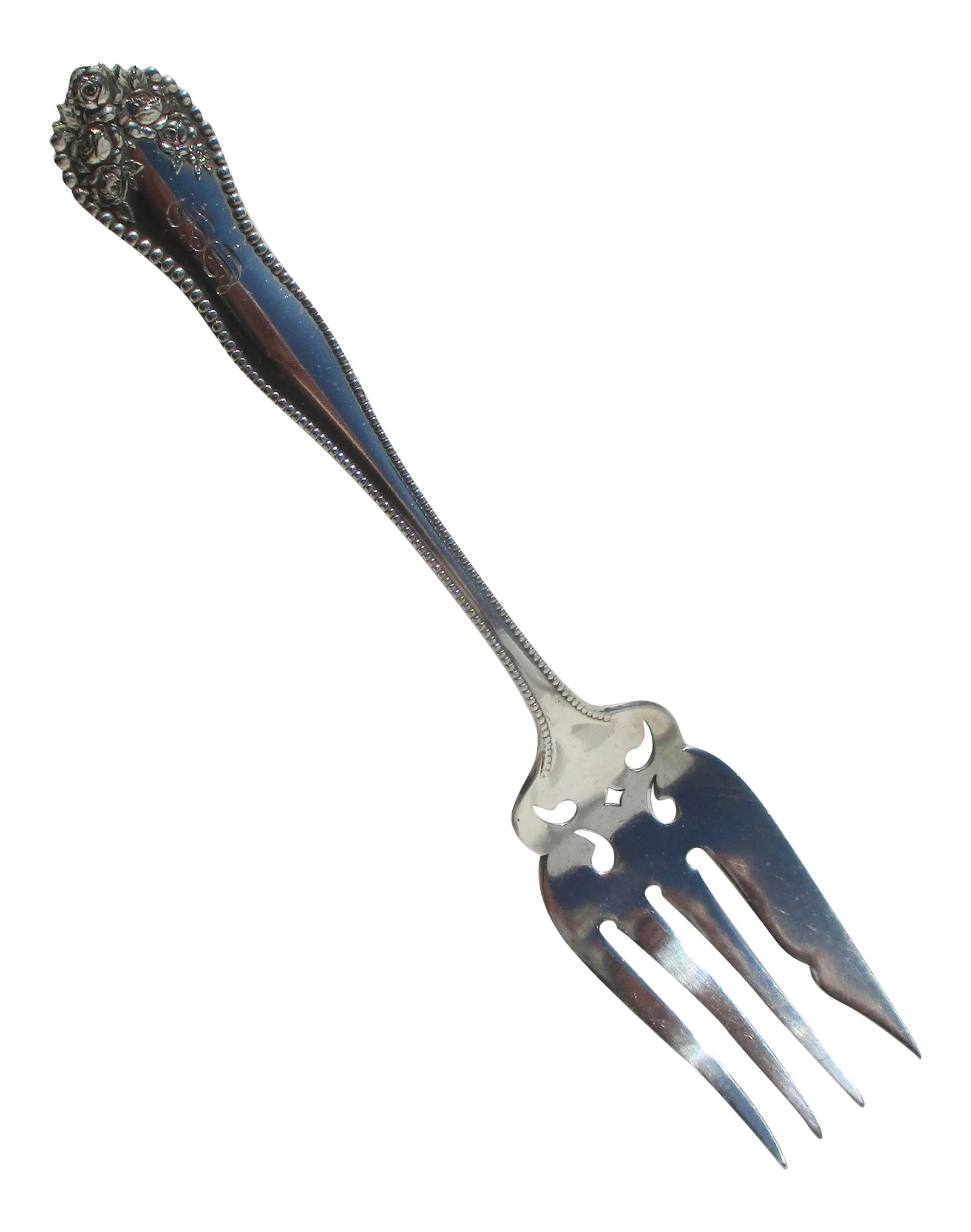 Gorham Sterling Pierced Serving Fork Circa 1897: Gorham Sterling Cold Meat Server. LANCASTER pattern, monogrammed HD to the handle. Marked to the reverse Gorham Sterling. Weight is 30.2dwt and length is 7.8" and 1.4" wide. Pierced Fork in very good 