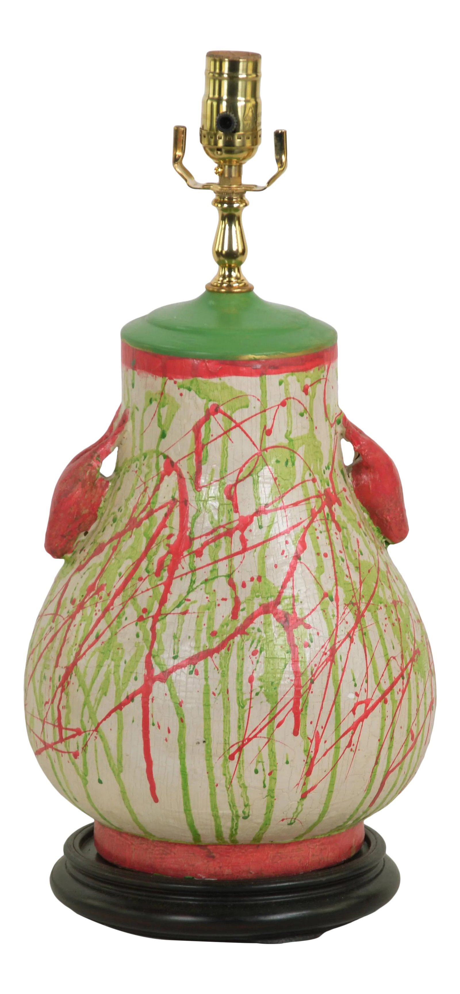 Modern Porcelain Vase Lamp: This lamp with 2 deer head ears has modern colors and design on it. Bright colors bring joy to the room. Condition: Alterations: Original Condition Unaltered Imperfections: Some Imperfections