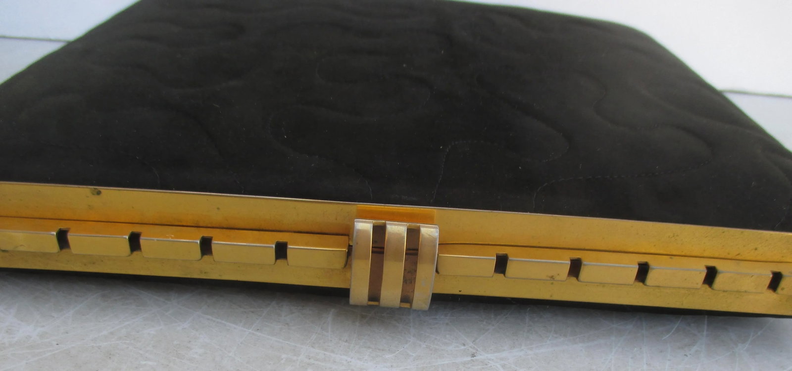 Black Velor/Suede Clutch With Gold Metal Trim - 6