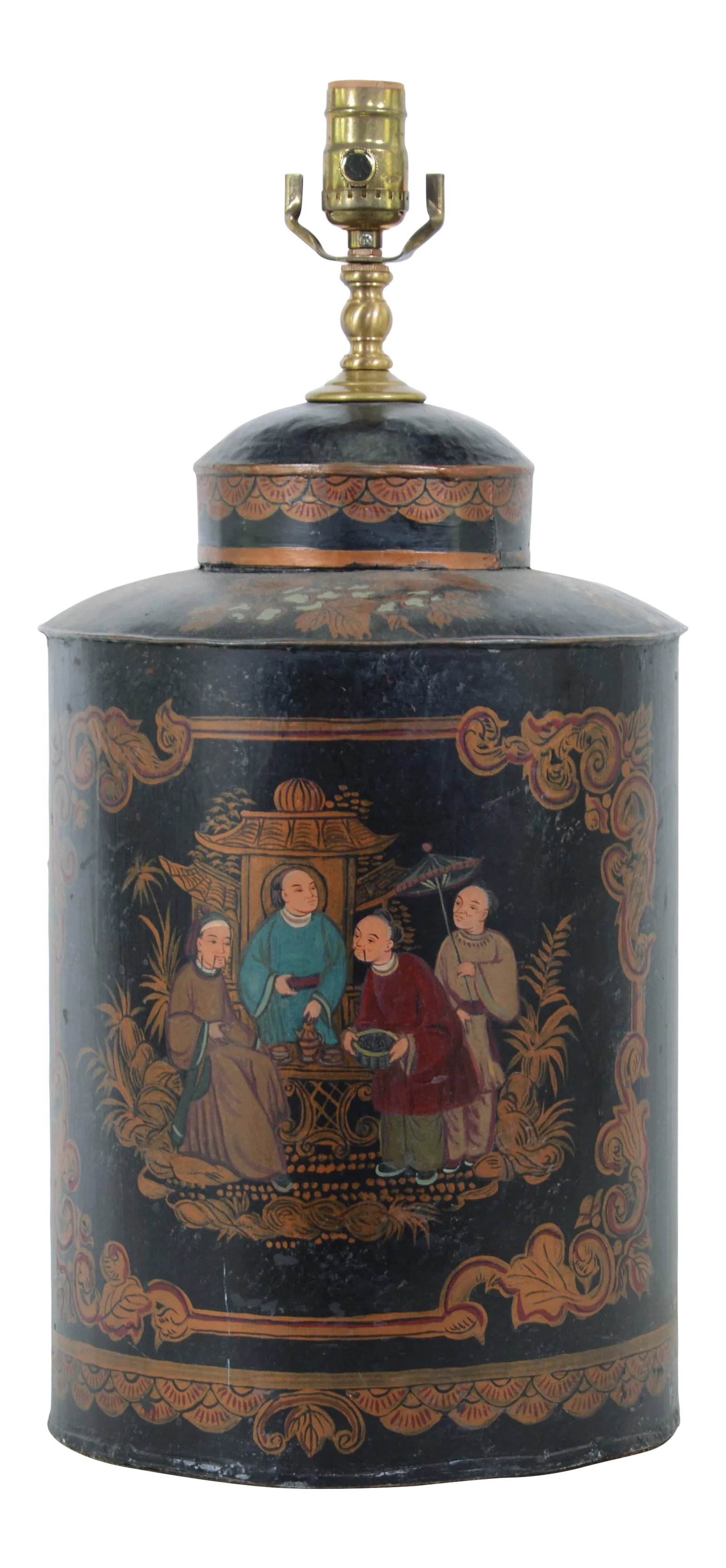 Vintage English Export Tea Caddy Hand-Painted Chinoiserie Figurines Table Lamp: Vintage English Tea Caddy, This lamp is a very typical European Chinoiserie art form from the 17th to 18th centuries. It is a work of art no matter where it is placed indoors. Each one is hand-painted