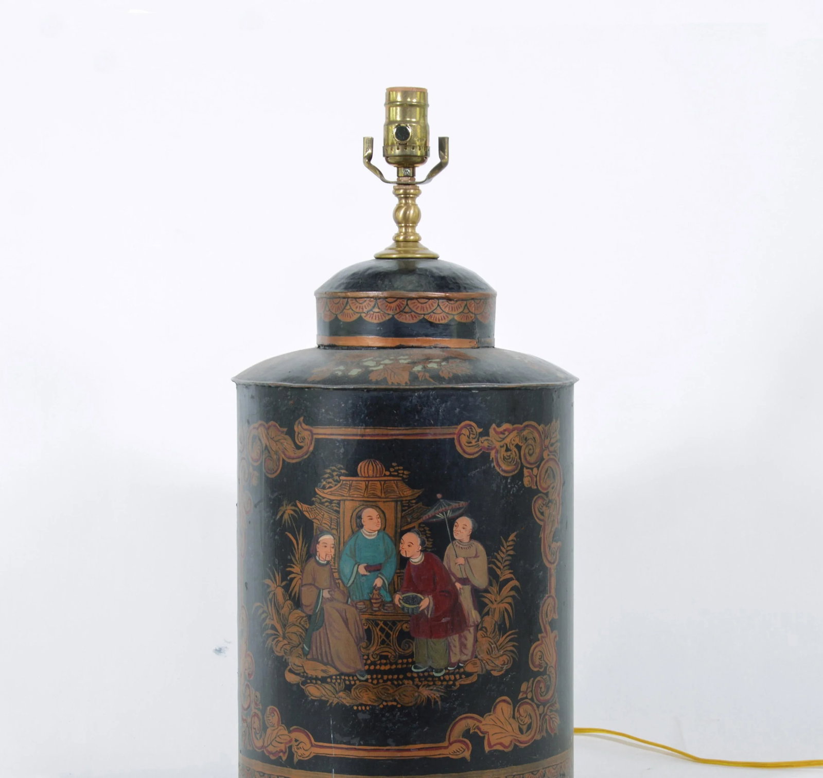 Vintage English Export Tea Caddy Hand-Painted Chinoiserie Figurines Table Lamp - 4