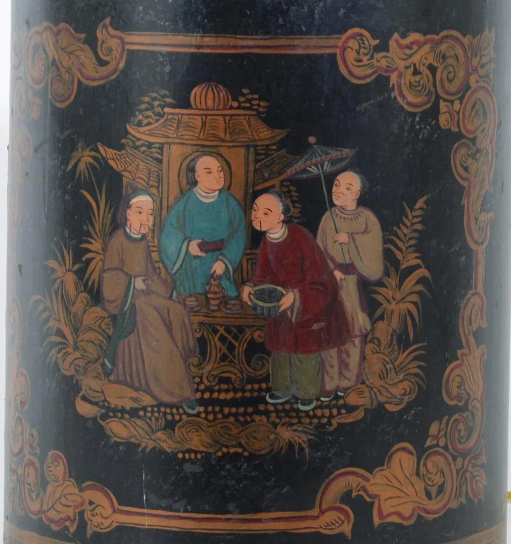 Vintage English Export Tea Caddy Hand-Painted Chinoiserie Figurines Table Lamp - 6