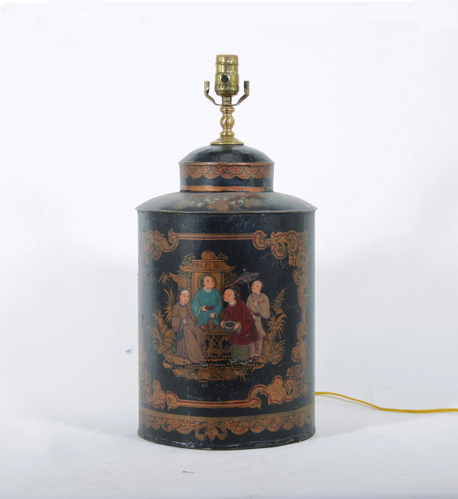 Vintage English Export Tea Caddy Hand-Painted Chinoiserie Figurines Table Lamp - 7