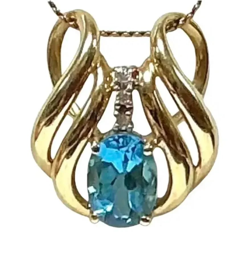 14kt Yellow Gold Blue Topaz With Diamond Pendant - 6