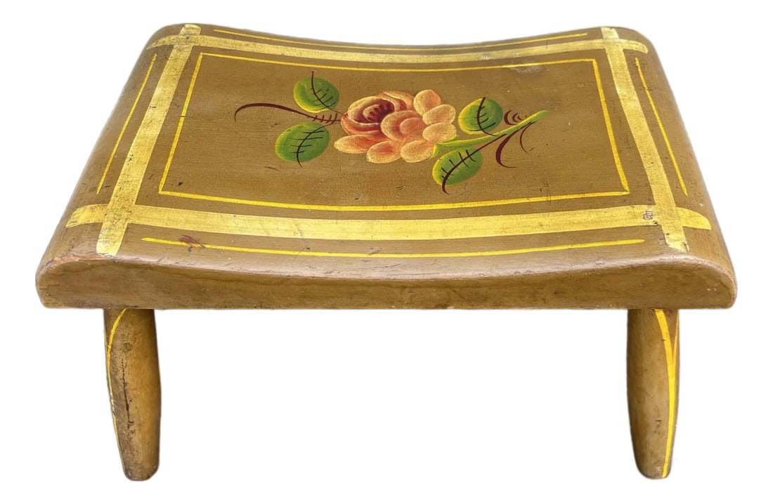Antique Pennsylvania Folk Art Paint Decorated Plank Seat Footstool 1850's: A Antique Pennsylvania Folk Art Paint Decorated Plank Seat Footstool 1850's Probably Lancaster County, PA circa 1850's Light tan base paint with a floral painted center outlined by yellow stripes