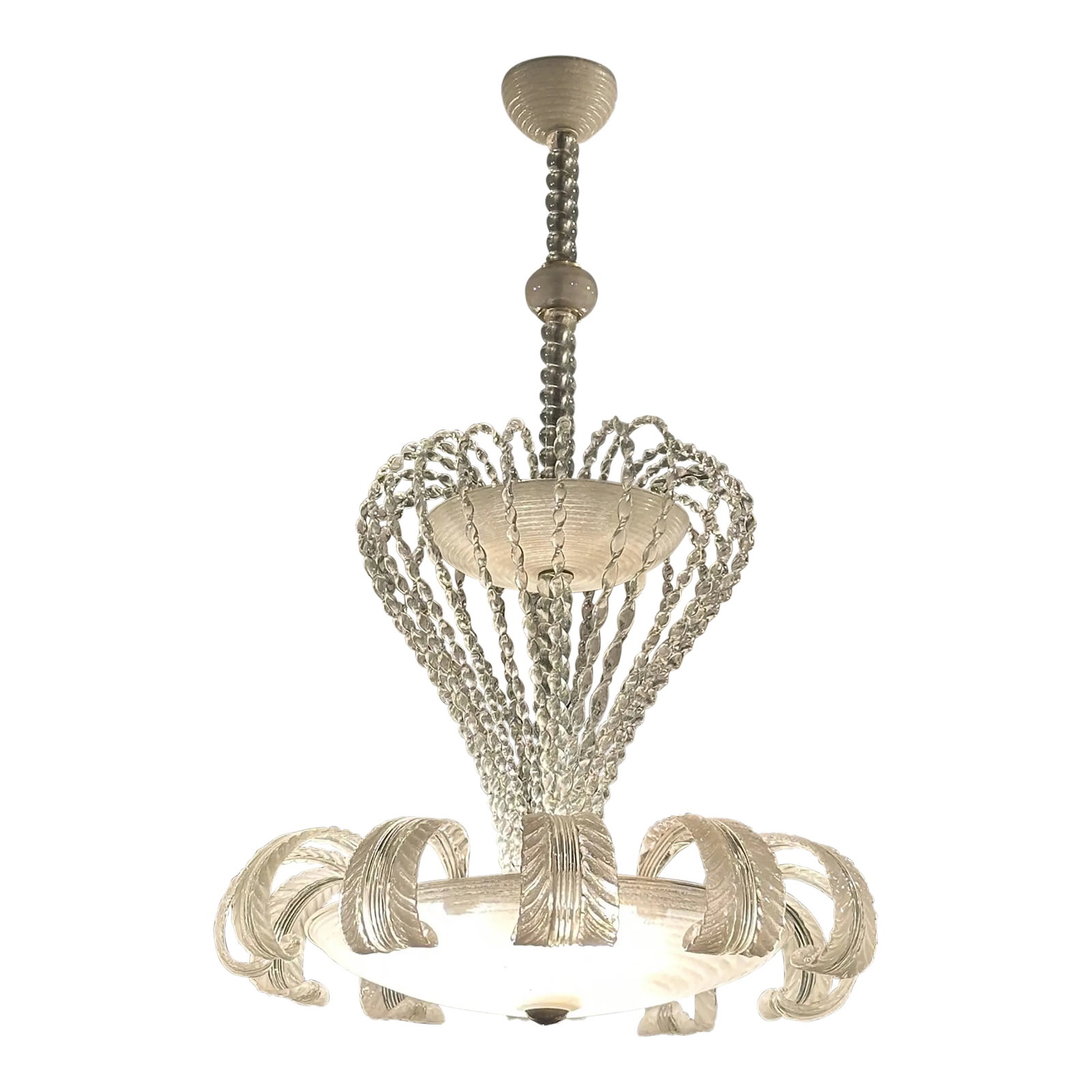 Vintage Murano Exquisite & Rare Chandelier: Show stopper super dramatic Murano chandelier that suggests a magical floating sea creature. Newly rewired, two tier with blown glass leaves around the lower illuminated circle. 3 bulbs in bottom