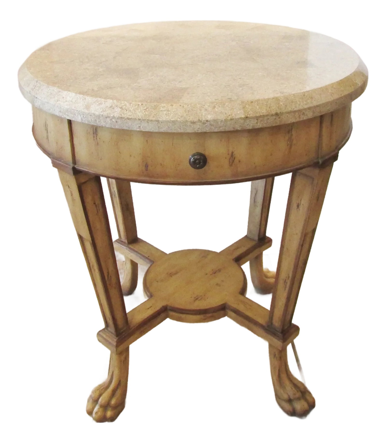 1990s Kriess Renaissance Collection Empire Style End Table Travertine Top: The Kriess Renaissance Collection Empire Style End Table features a round Tessellated Travertine top, adding a touch of elegance to any indoor space. With a sturdy wood base and a convenient drawer