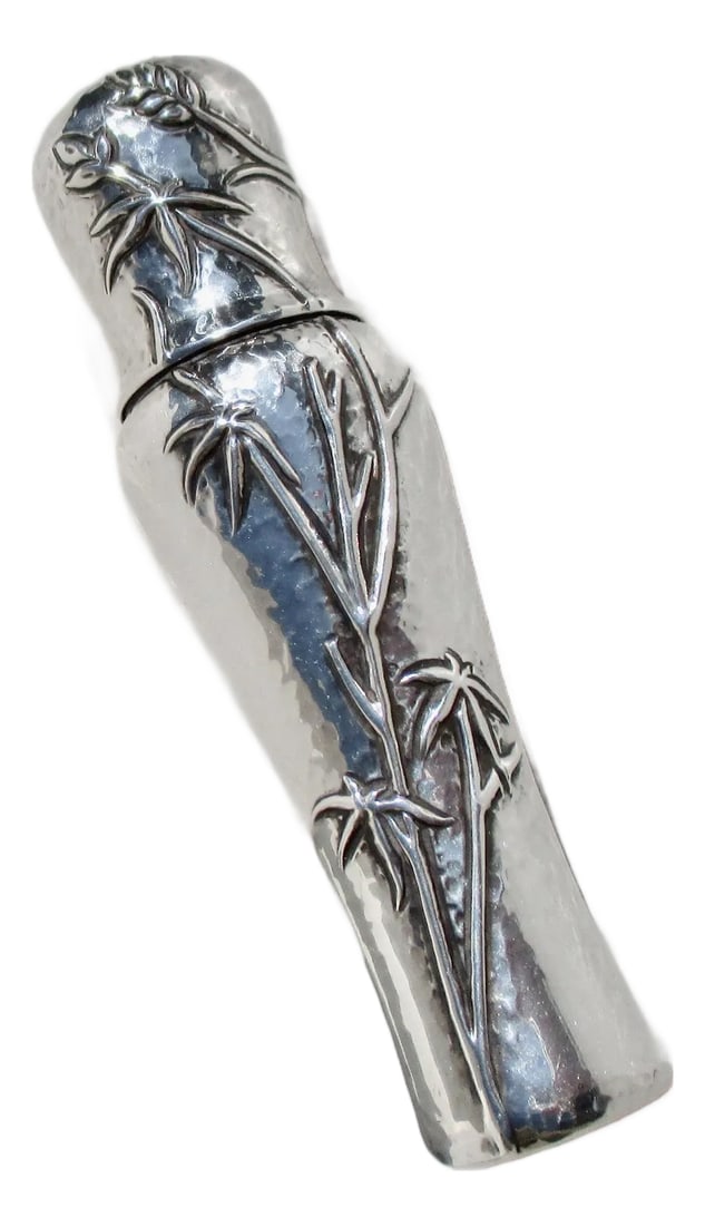 Tiffany Sterling Silver Perfume Case Audubon Pattern2003 Spain: Tiffand & Co. dated 2003 Spain. Audubon pattern sterling silver perfume case from Tiffany. Art Nouveau design over a hammered surface and long, lobed shape. Pull off lid to hold a small perfume spray