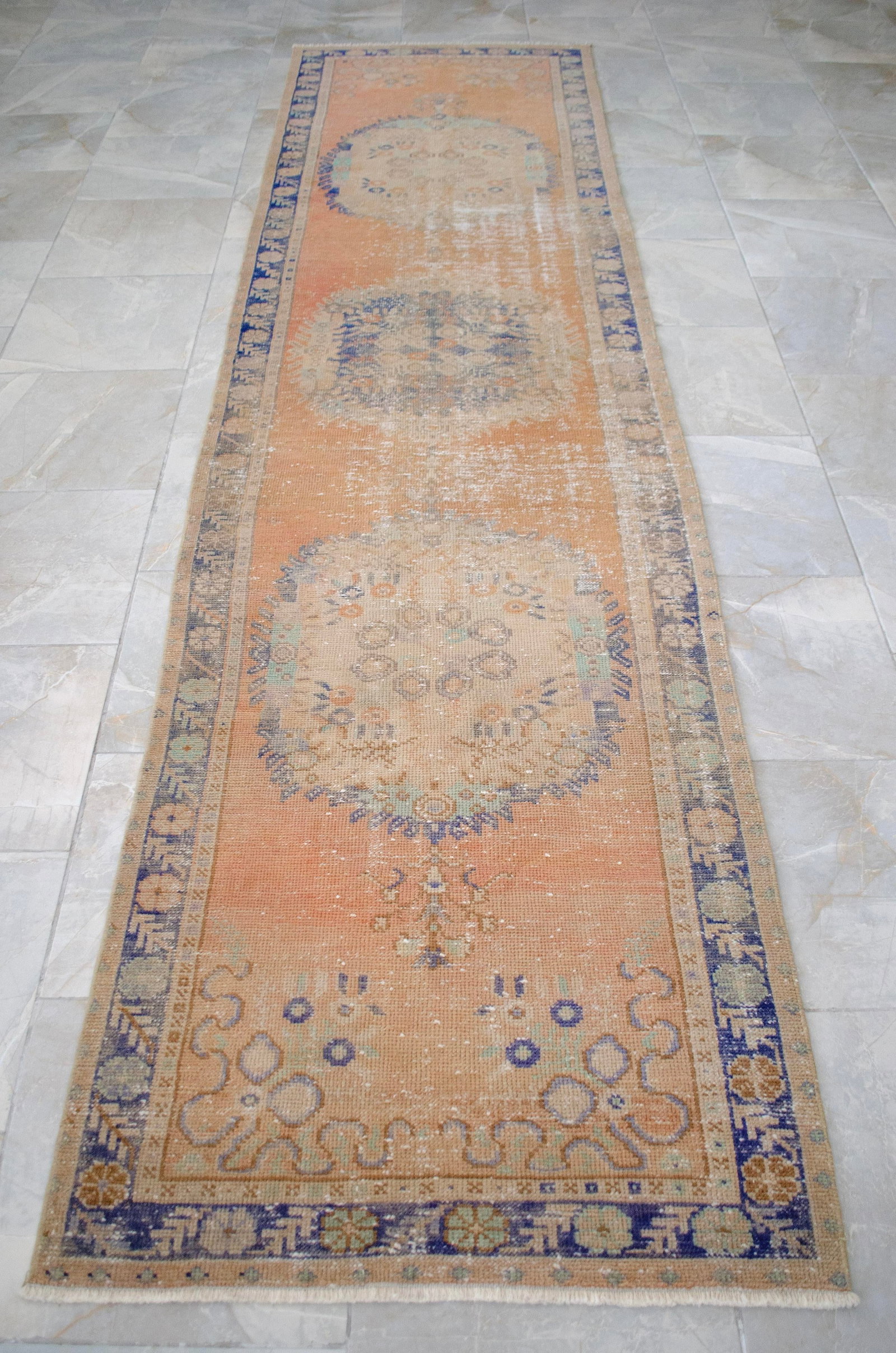 Distressed Oushak Runner Rug - Hand Knotted Hallway Decor - 2'11"³ X 12' - 4