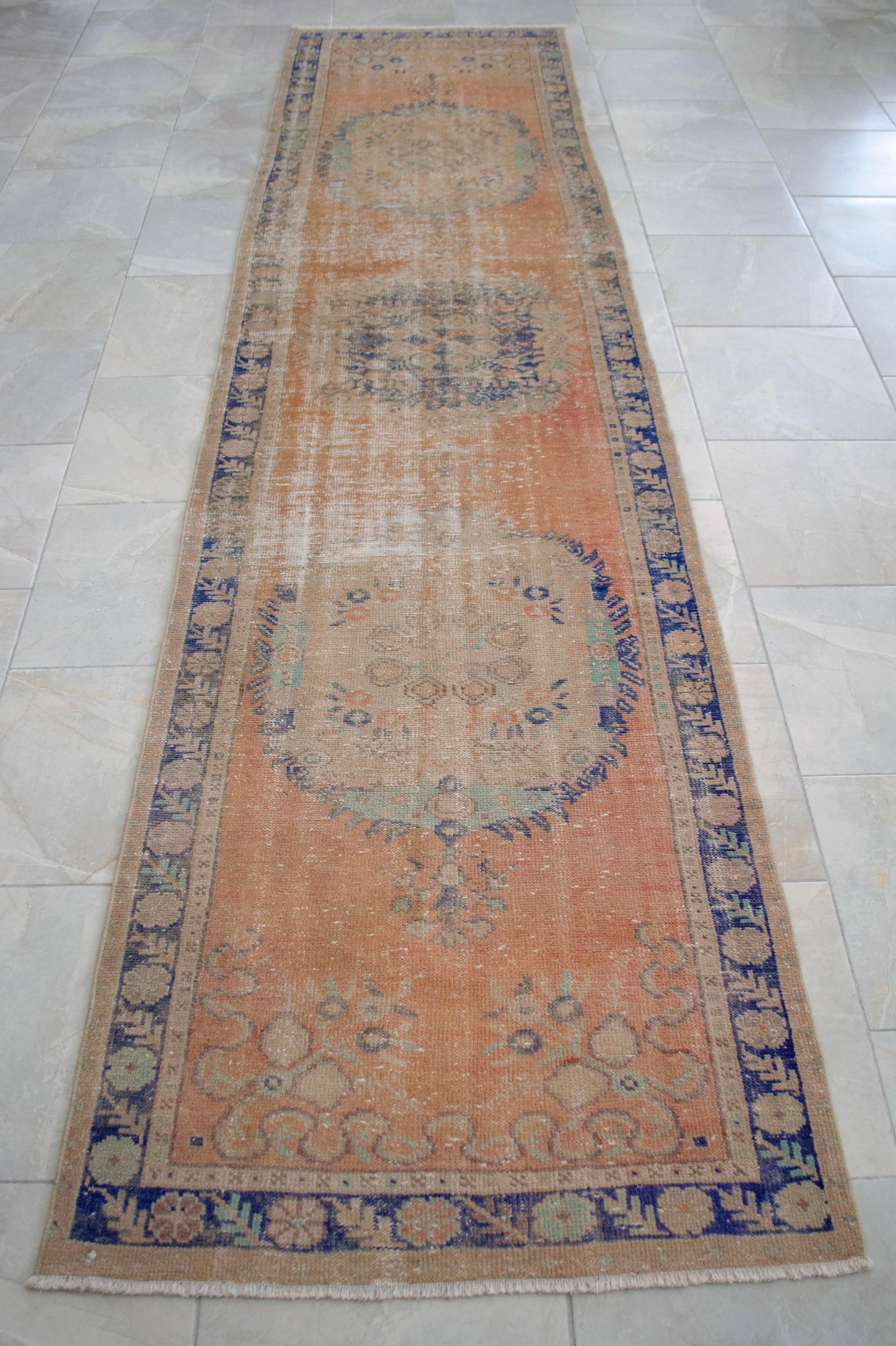 Distressed Oushak Runner Rug - Hand Knotted Hallway Decor - 2'11"³ X 12' - 6