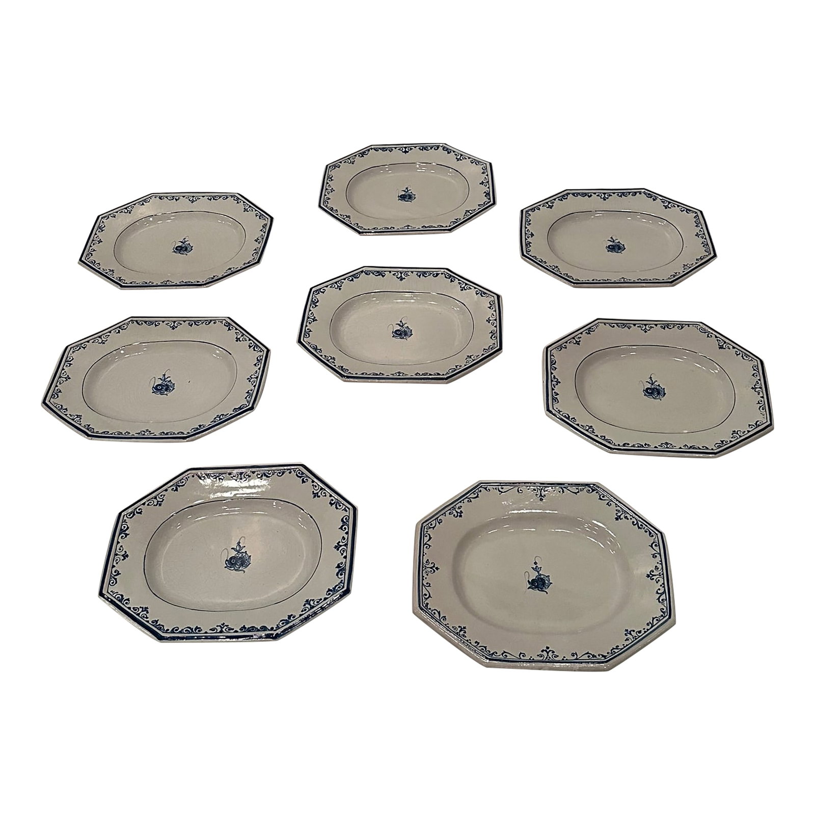 Italian Hand Painted Glazed Octagonal Pottery Plates by Gumps -Set of 8: Wonderful set of 8 blue and white octagonal shaped glazed pottery plates with dolphin motif decoration.. Signed Gumps on the back. Condition: Alterations: Original Condition Unaltered Imperfections: