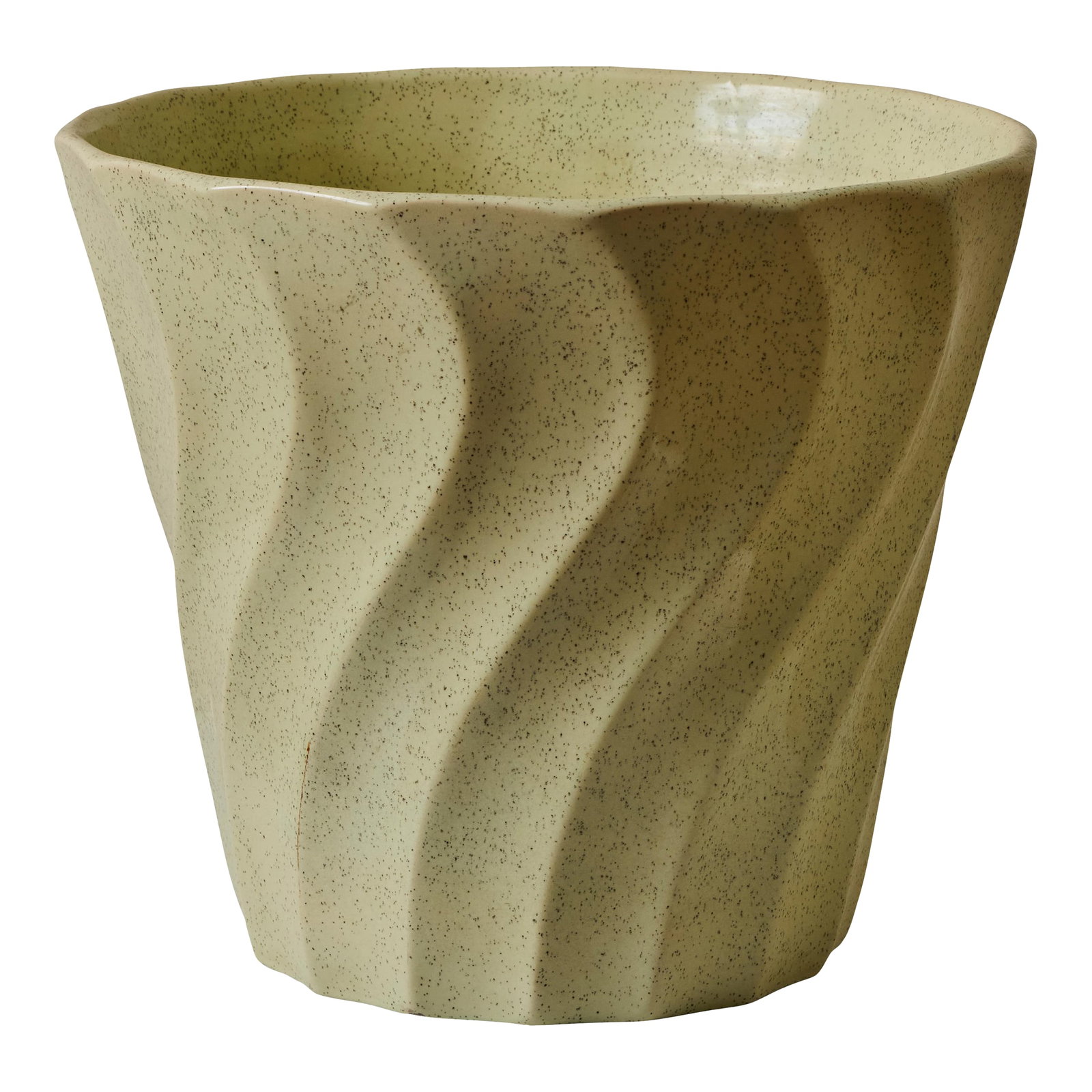 Mid-Century Speckle Glazed Mint Ceramic Bauer Planter: Midcentury Speckle Glazed Mint Ceramic Bauer Planter Executed in speckle glazed mint ceramic. A very clean and increasingly rare vintage example of Bauer's iconic "Swirl" design, reminiscent of the