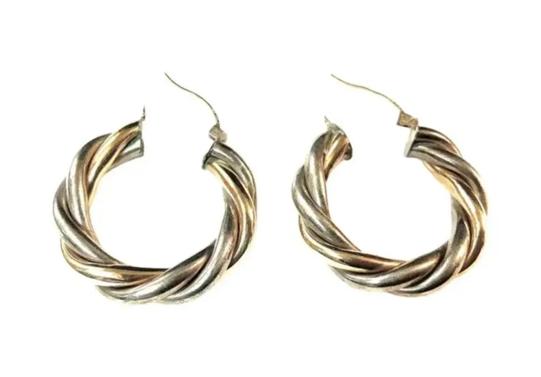Vintage 14k Gold and Sterling Silver Twisted Rope Hoop Earrings - 2