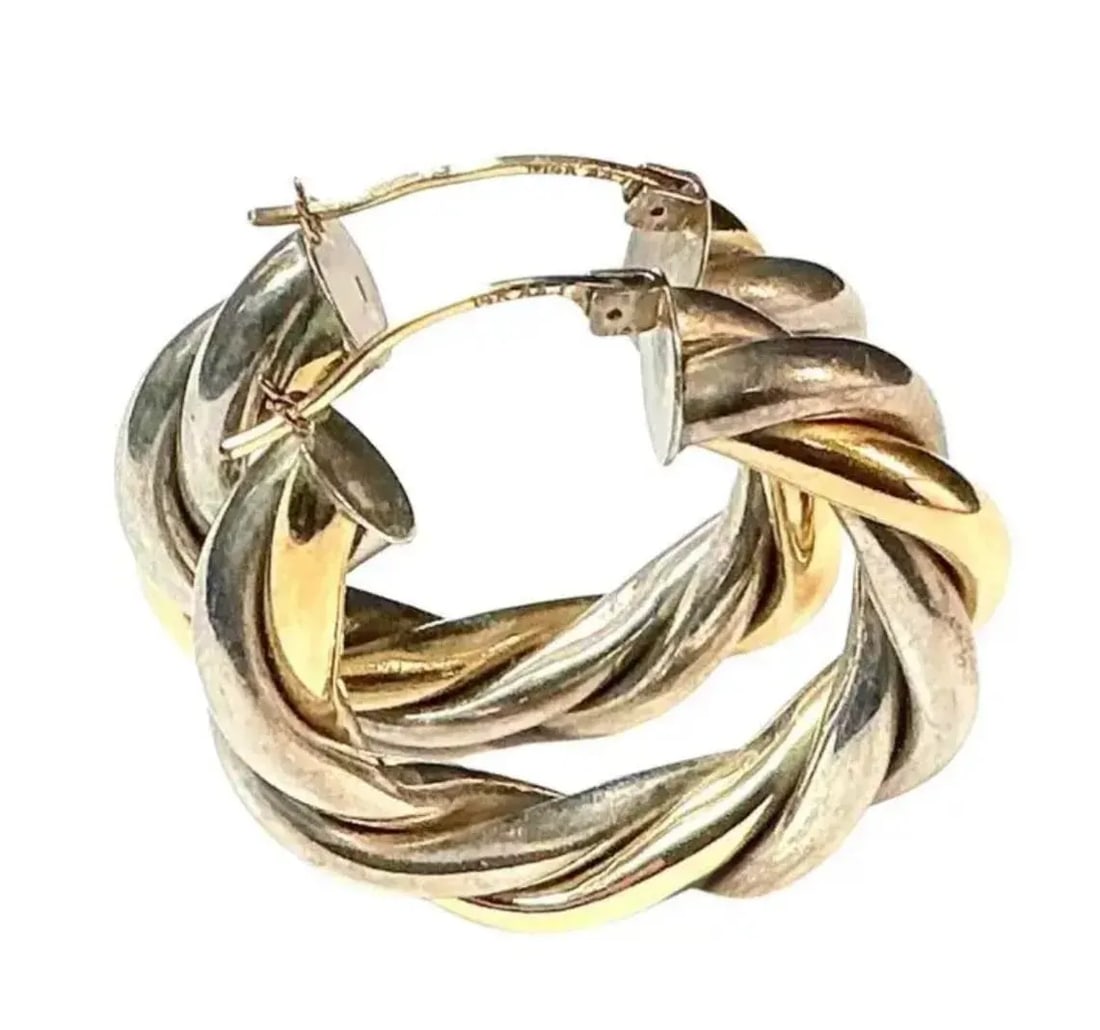 Vintage 14k Gold and Sterling Silver Twisted Rope Hoop Earrings - 3