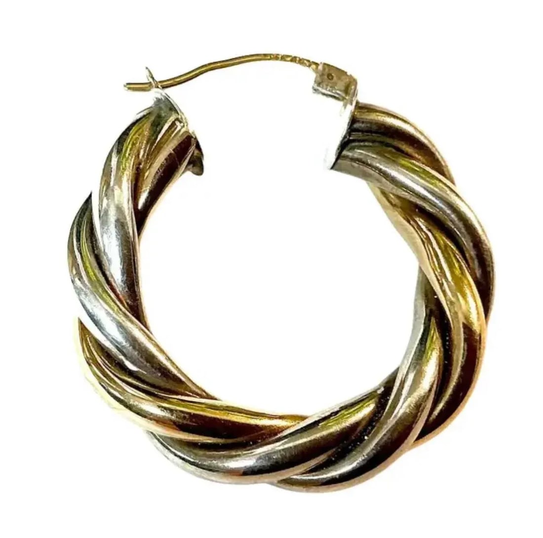 Vintage 14k Gold and Sterling Silver Twisted Rope Hoop Earrings - 4