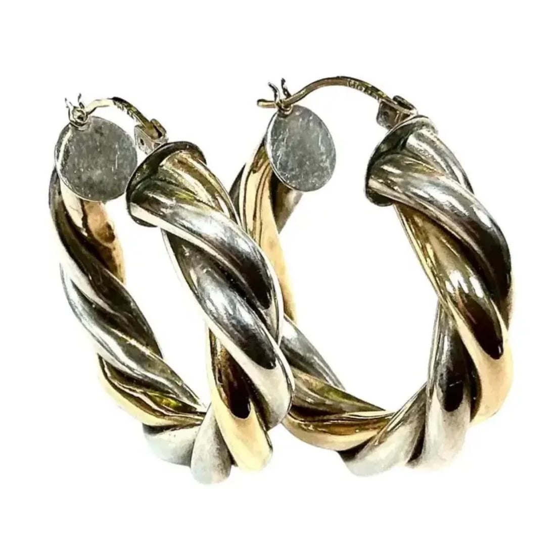 Vintage 14k Gold and Sterling Silver Twisted Rope Hoop Earrings - 7