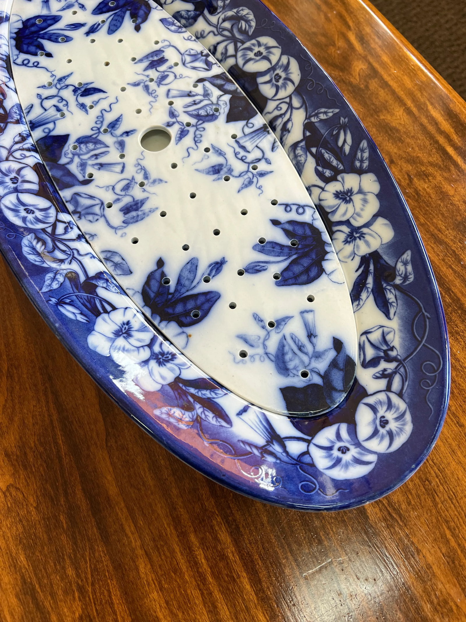 David Johnston Versailles France Mid 19th Century Flow Blue Morning Glory Fish Platter With Insert - 6