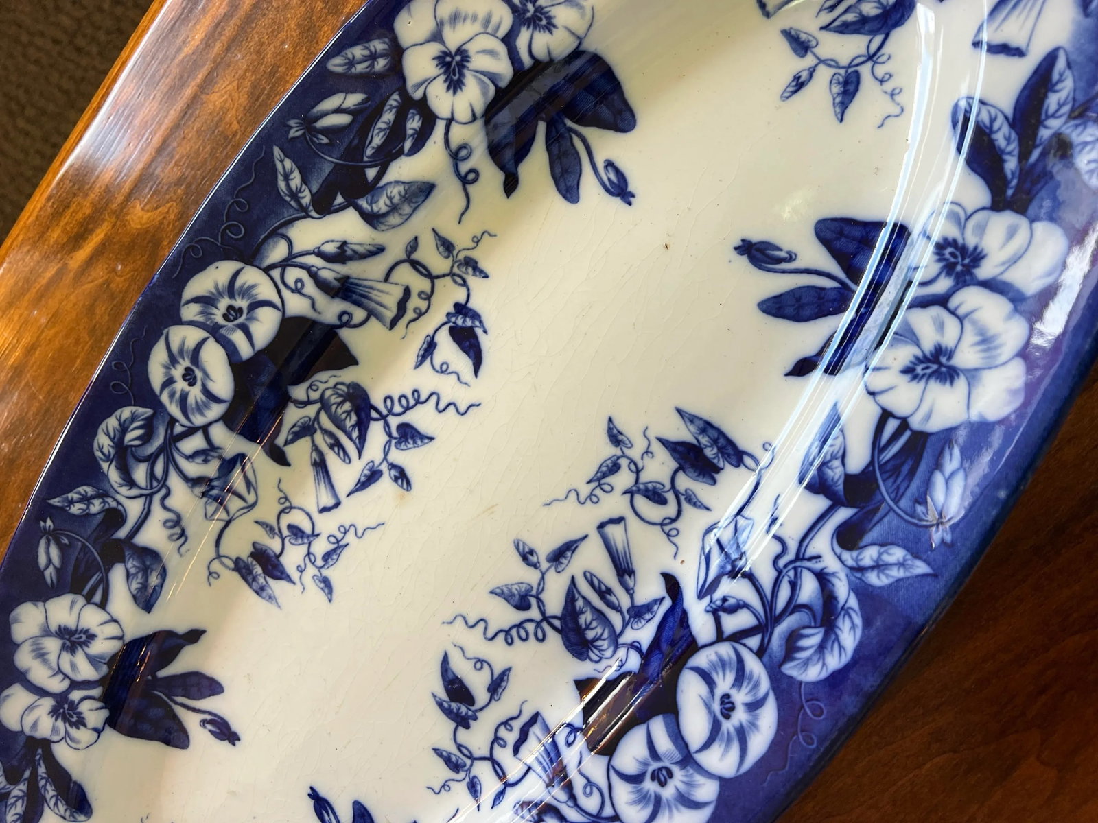 David Johnston Versailles France Mid 19th Century Flow Blue Morning Glory Fish Platter With Insert - 7