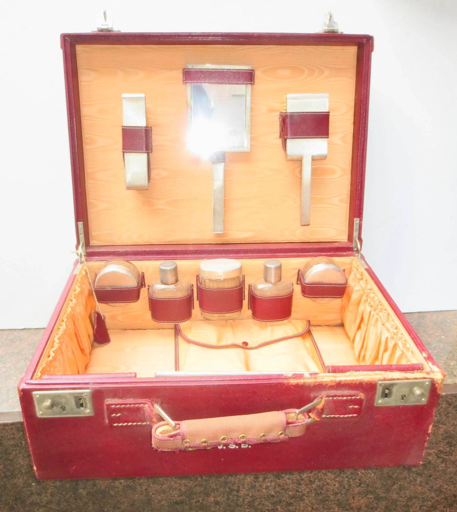 Antique Mark Cross Travel Case With Sterling Toiletry Set 1945 - 2