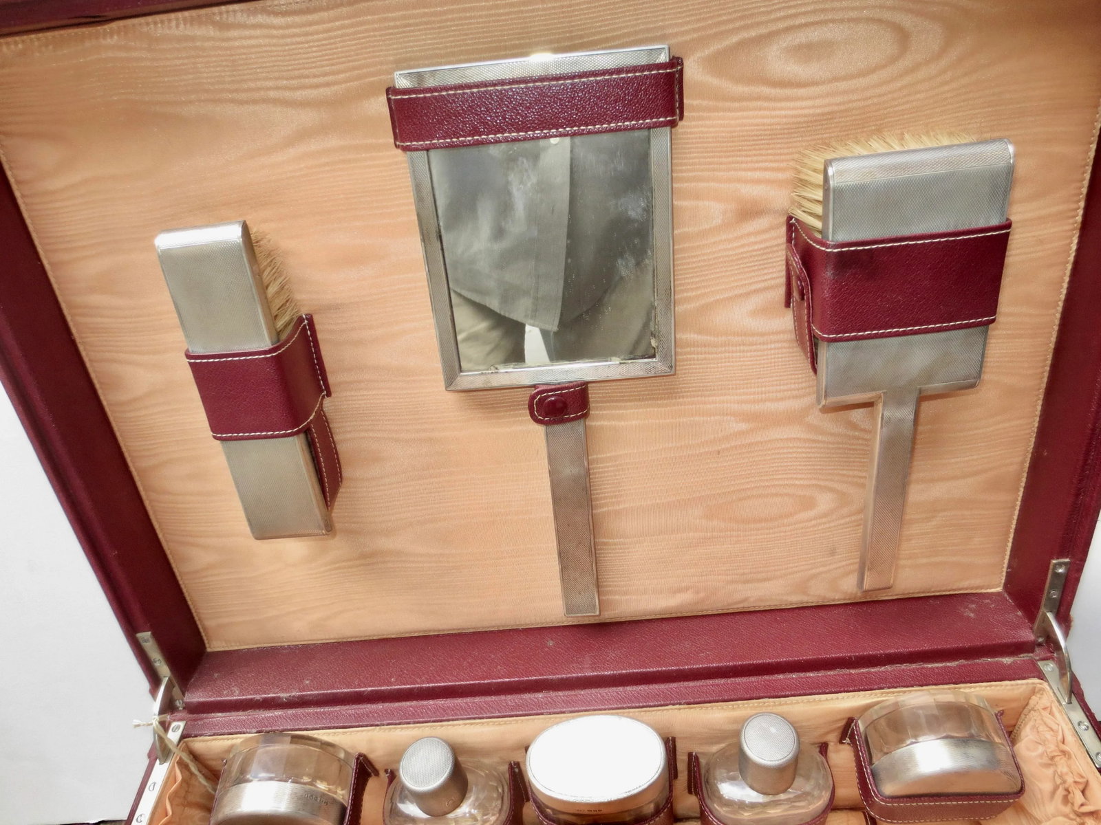 Antique Mark Cross Travel Case With Sterling Toiletry Set 1945 - 3