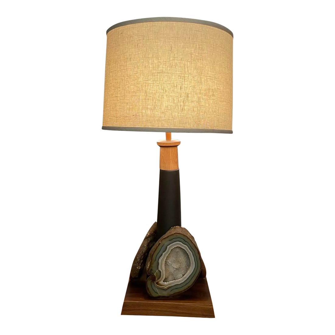 Signed Martz for Marshall Studios Table Lamp With Agate Accent: A signed Martz lamp designed for Marshall Studios, Veedersburg, Indiana, circa mid-20th century. The lamp showcases the studio's hallmark design: a matte dark brown, almost black conical ceramic body