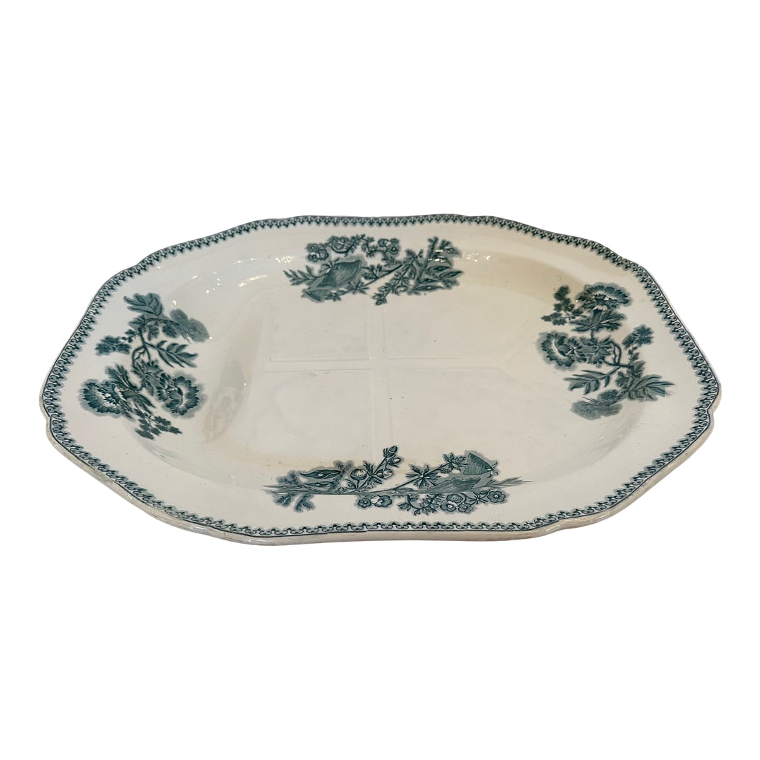 Large Green and White Spode Antique English Meat Platter: Lovely antique Spode meat platter with well. Very pretty design. Stamped on reverse. Condition: Alterations: Original Condition Unaltered Imperfections: Some Imperfections Condition Notes: Good. Wear