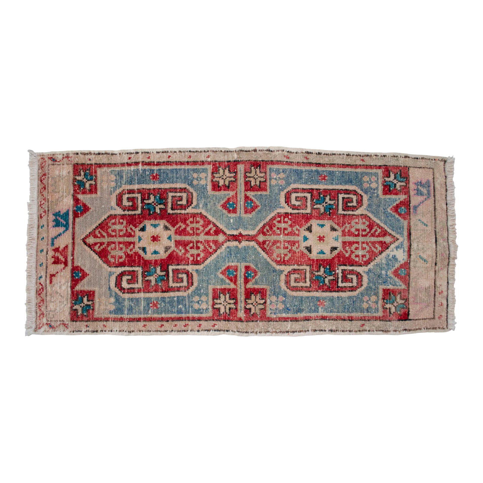 Hand Knotted Small Turkish Rug Doormat Entryway Rug Kitchen Decor - 2x3 Ft Approx: Vintage Turkish Hand-Knotted Door Mat from Chal (Denizli), 1970, featuring warm brick-red and soft sky-blue tones and authentic village craftsmanship "” clean, ready to place, perfect for