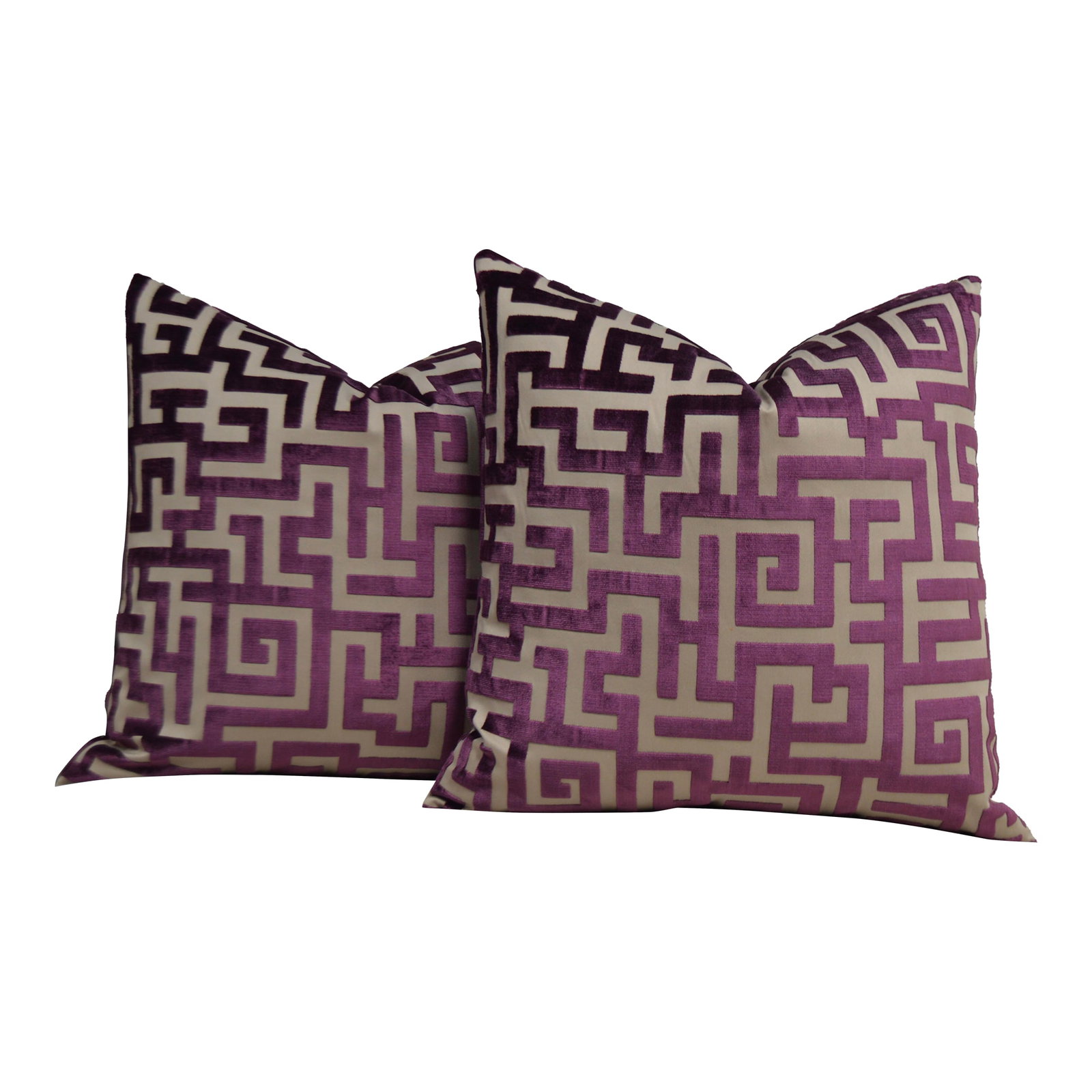 Pair of Jim Thompson "Apollon" Aubergine Greek Key Cut Velvet Custom Pillows 22x22 In. (1 of 6)