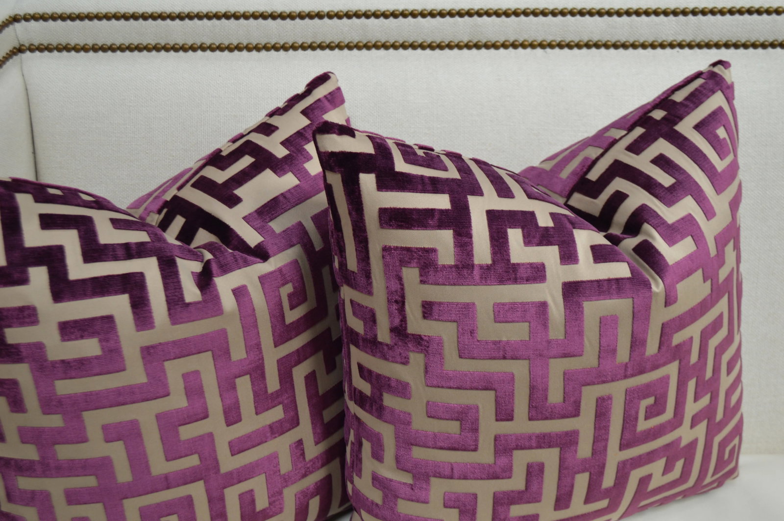 Pair of Jim Thompson "Apollon" Aubergine Greek Key Cut Velvet Custom Pillows 22x22 In. - 2
