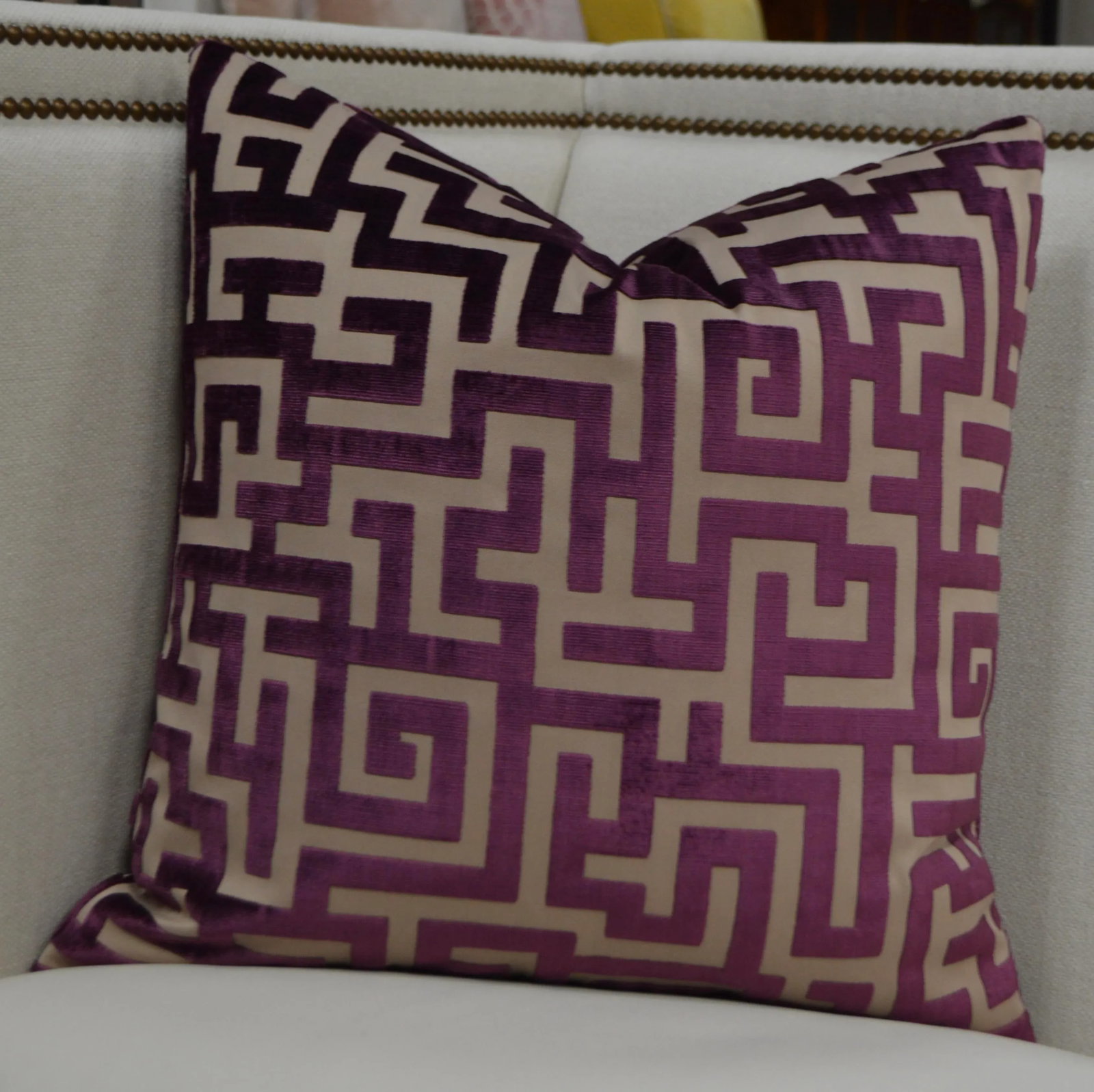 Pair of Jim Thompson "Apollon" Aubergine Greek Key Cut Velvet Custom Pillows 22x22 In. - 3