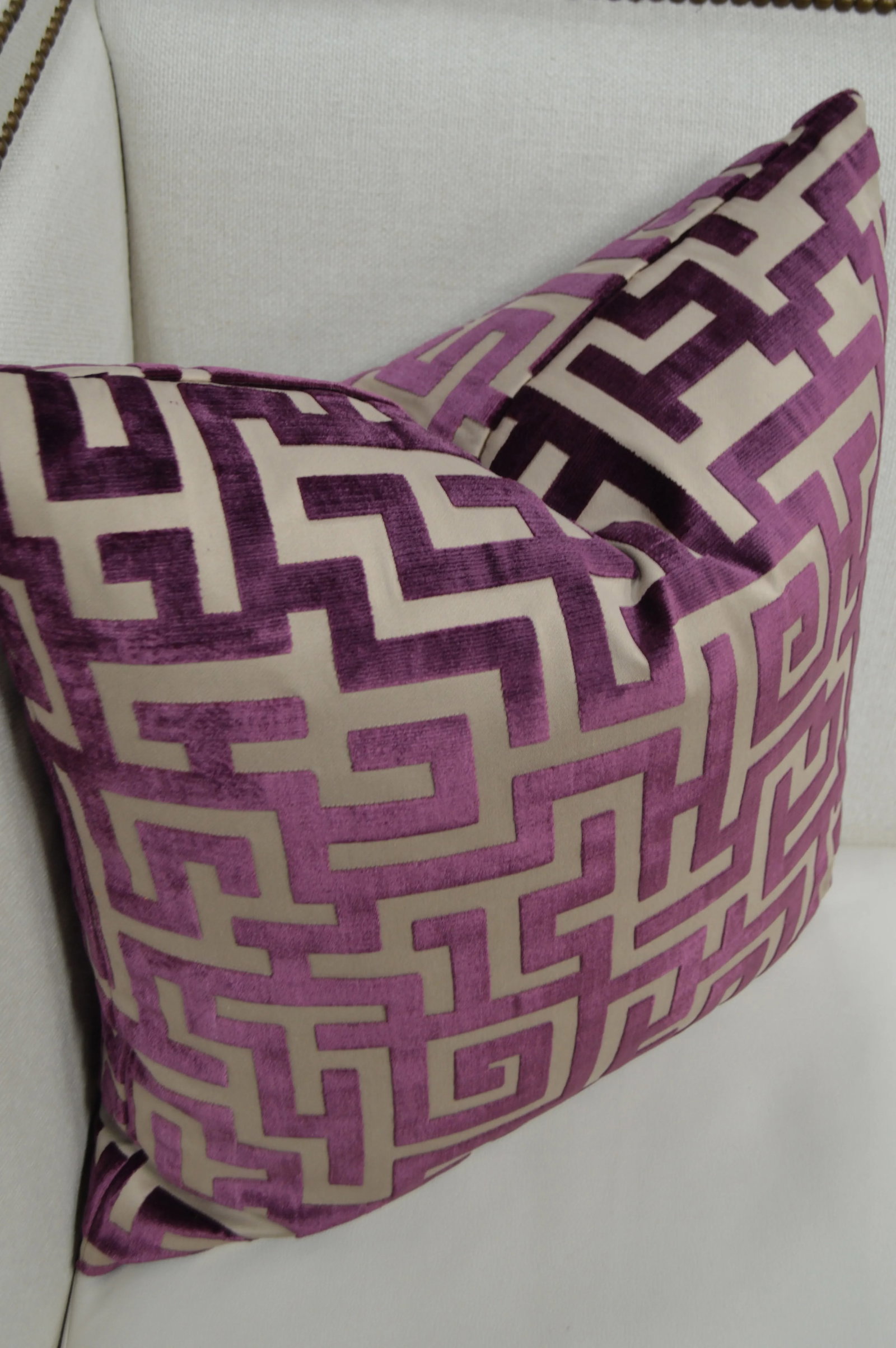 Pair of Jim Thompson "Apollon" Aubergine Greek Key Cut Velvet Custom Pillows 22x22 In. - 4