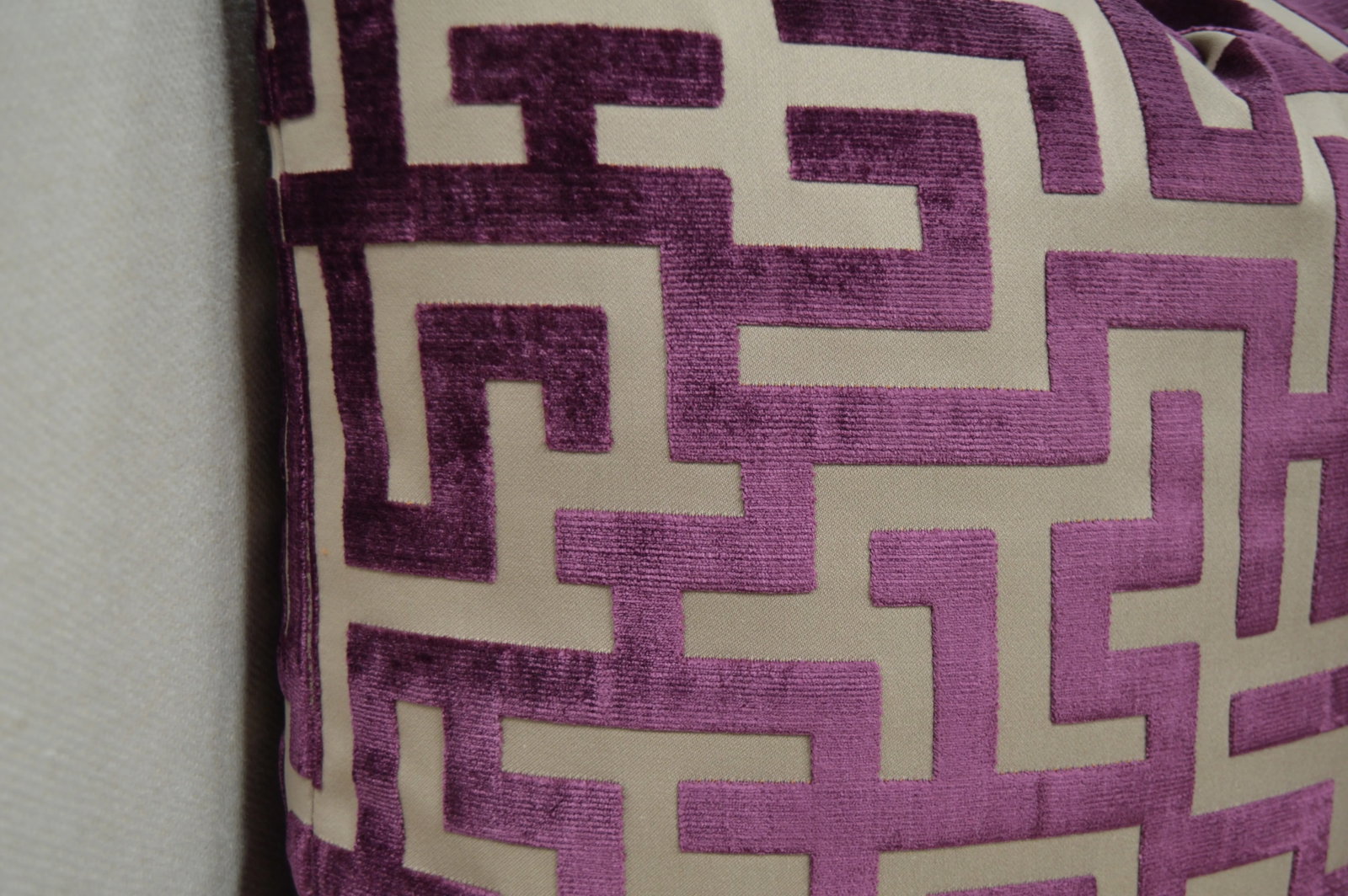 Pair of Jim Thompson "Apollon" Aubergine Greek Key Cut Velvet Custom Pillows 22x22 In. - 5
