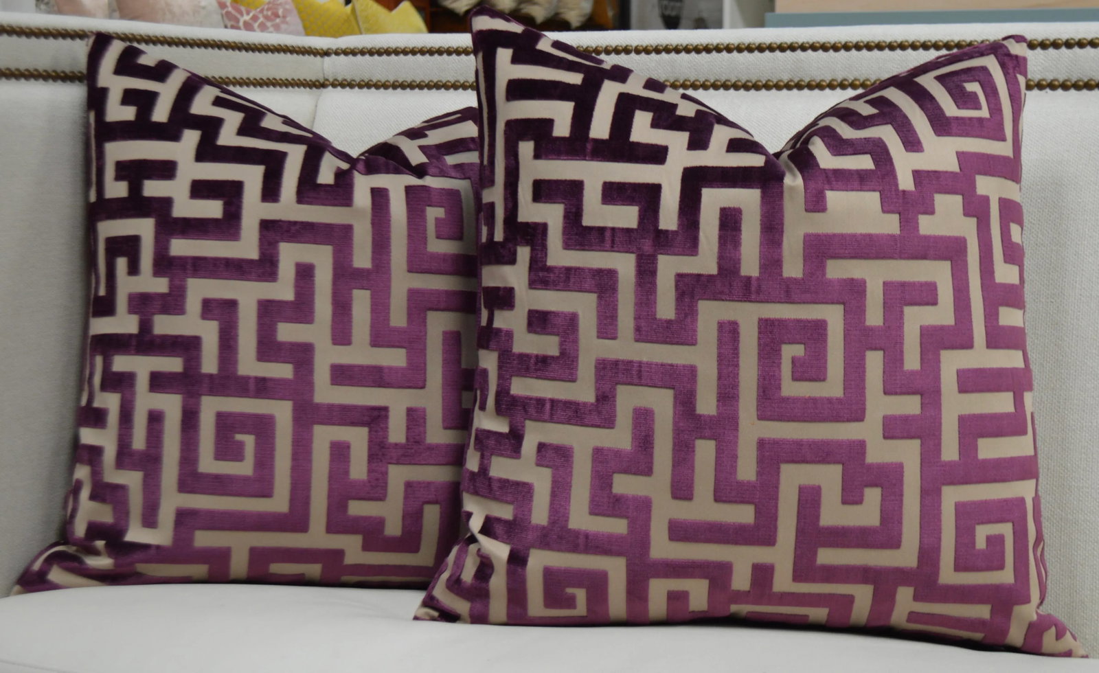 Pair of Jim Thompson "Apollon" Aubergine Greek Key Cut Velvet Custom Pillows 22x22 In. - 6