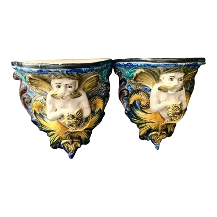 Cantagalli Italian Majolica Wall Brackets, a Pair (1 of 10)