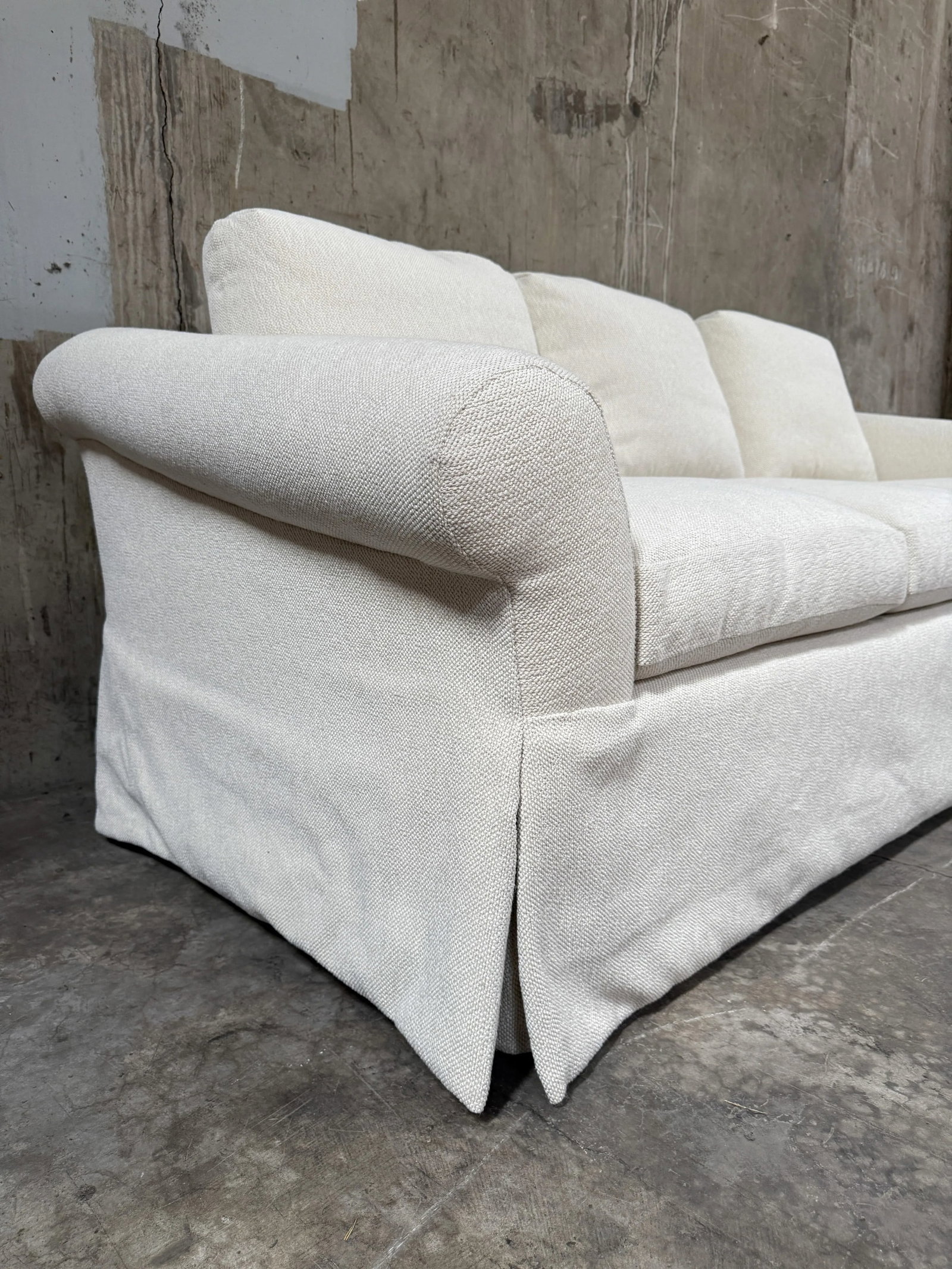 Custom Designer Sourced White Sofa – Rolled Arm, Skirted Base - 2