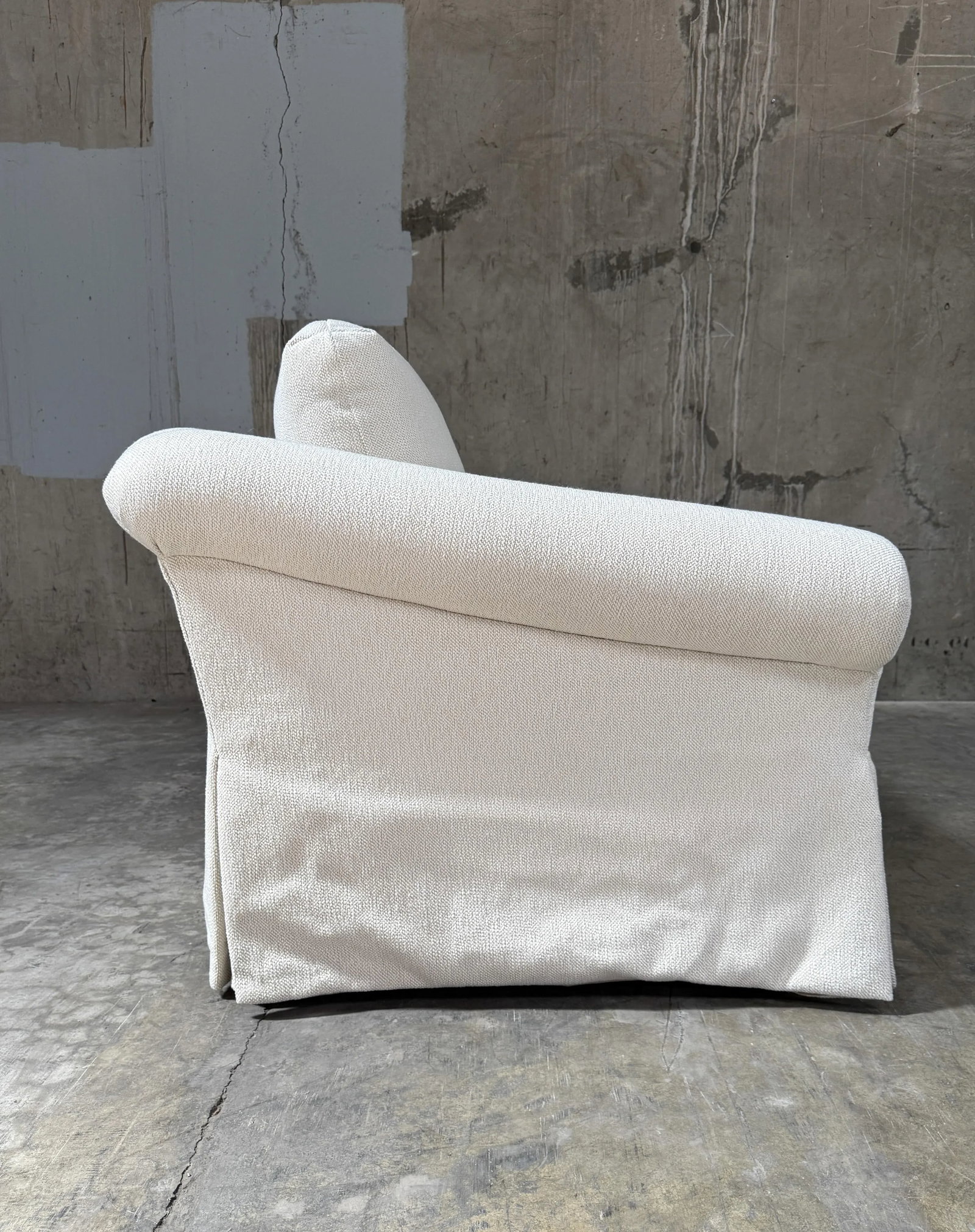 Custom Designer Sourced White Sofa – Rolled Arm, Skirted Base - 3
