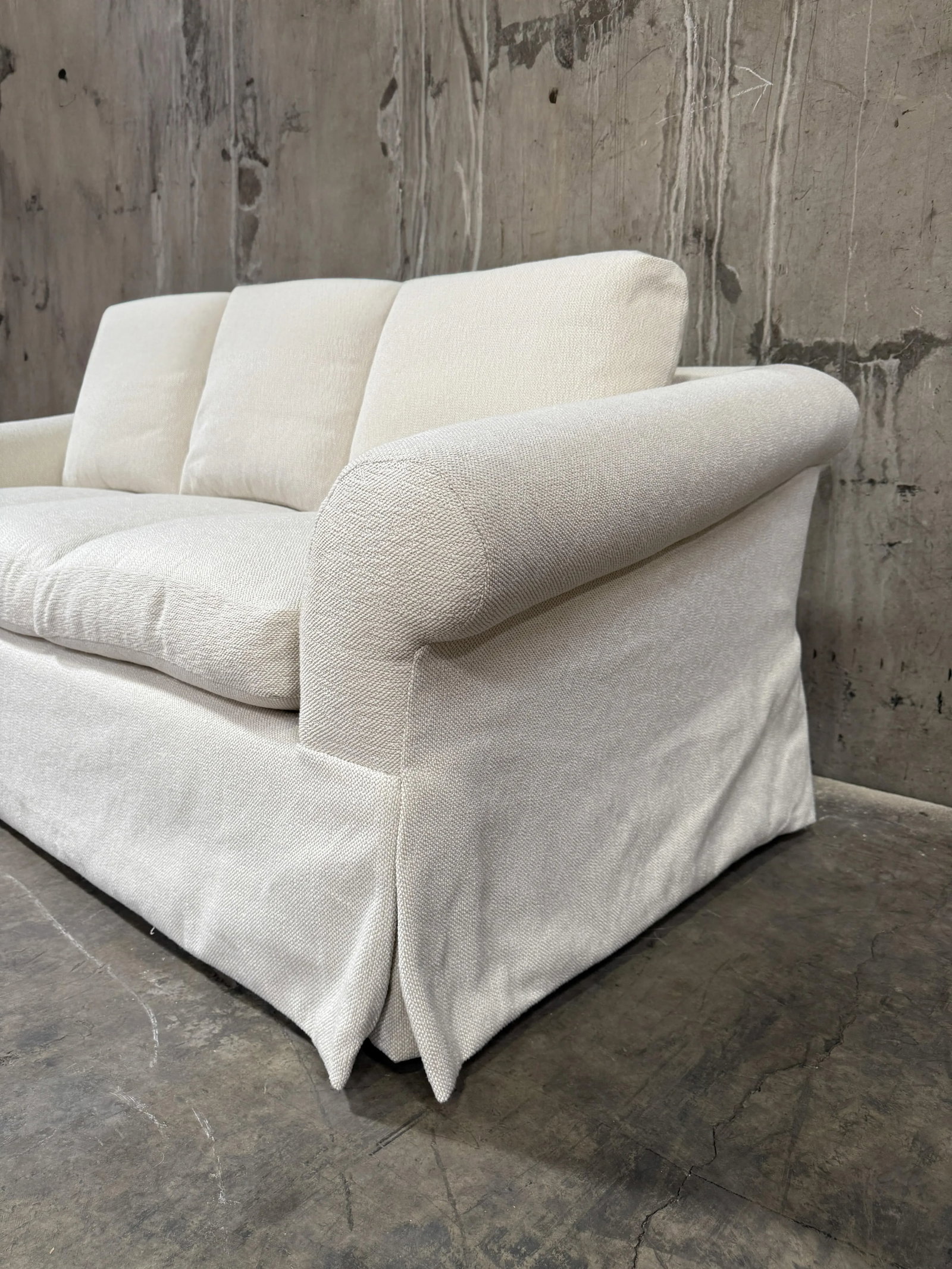 Custom Designer Sourced White Sofa – Rolled Arm, Skirted Base - 4