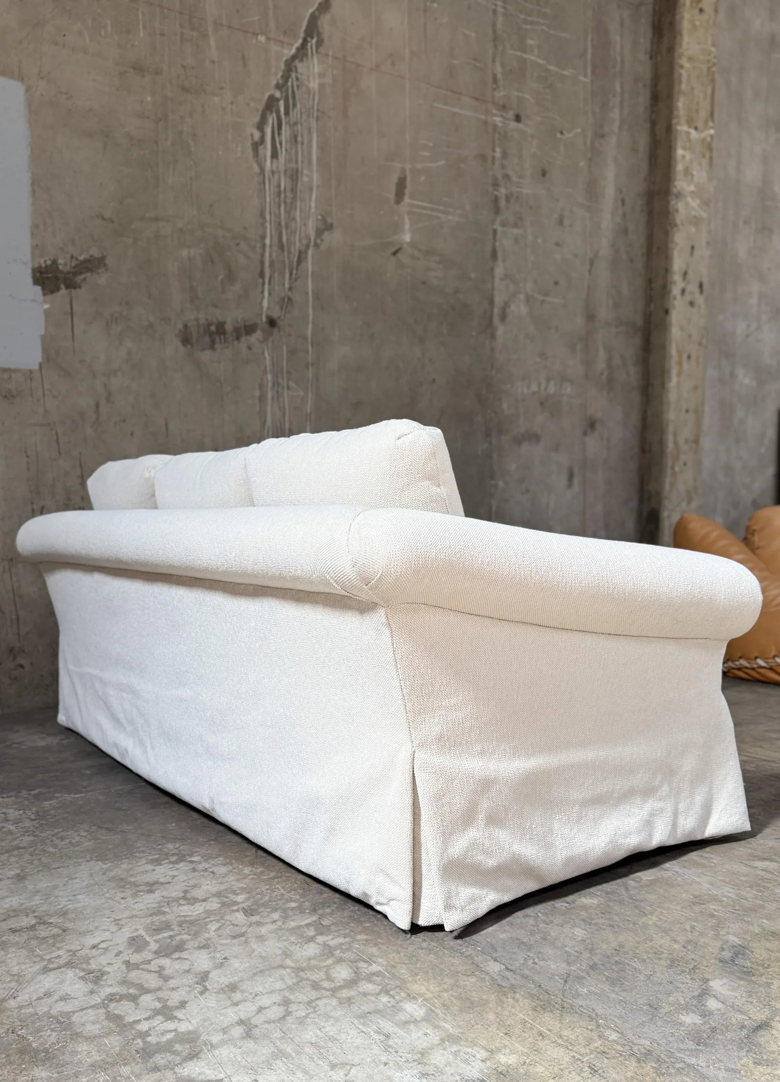 Custom Designer Sourced White Sofa – Rolled Arm, Skirted Base - 5