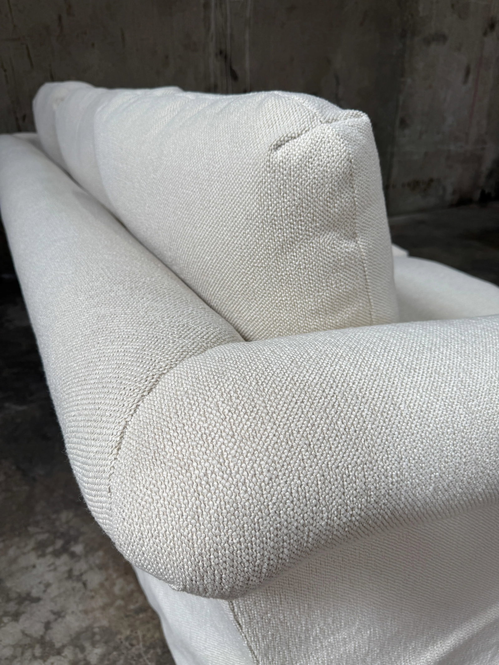 Custom Designer Sourced White Sofa – Rolled Arm, Skirted Base - 6