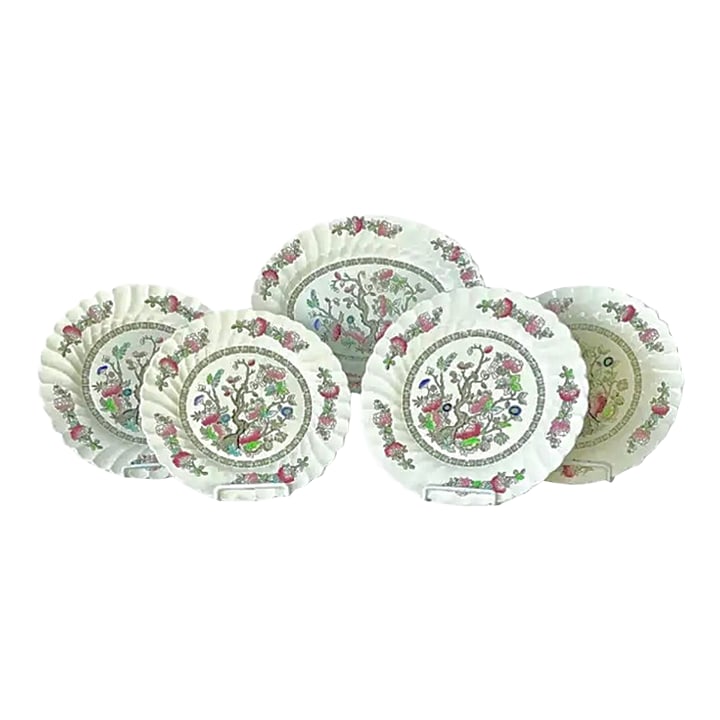 Myott Staffordshire England "Indian Tree" Plates and Platter, Set of Five: Early 20th Century Myott Staffordshire England "Indian Tree" Plates and Platter, Set of Five. Set includes four plates and one oval platter, each decorated with richly colored floral motifs in shades 