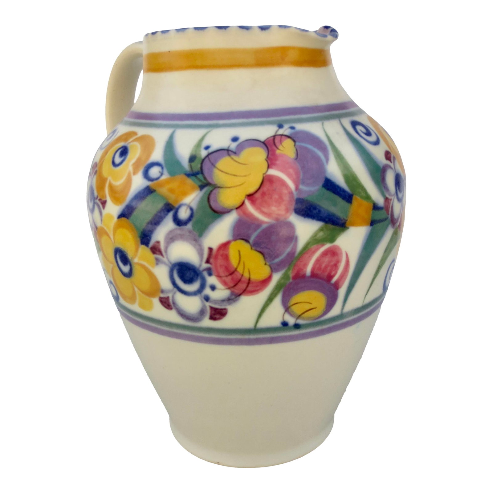 Poole Pitcher Circa 1930s England: Classic Poole pottery from England, circa 30s. Tall spouted pitcher with handle. The measurements are 8.25" tall and 8" from the spout to the handle. Impressed mark into the bottom, LeD, and an Arrow