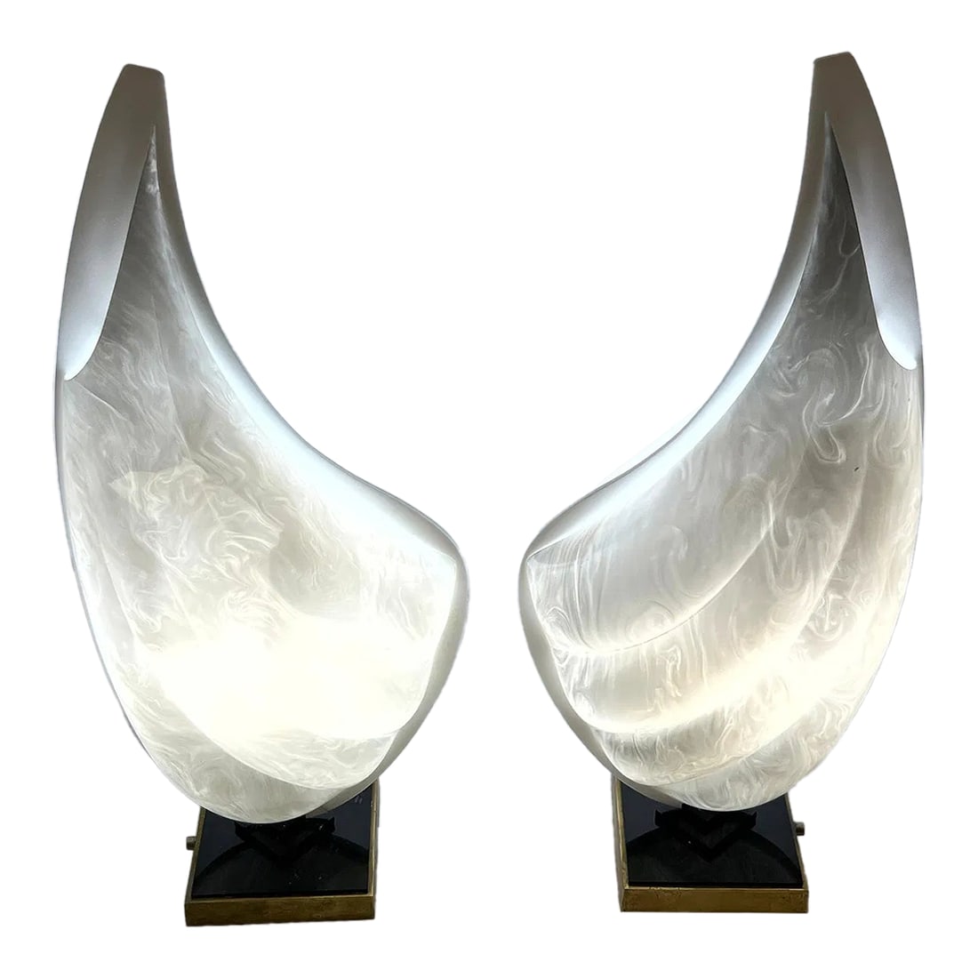 Two-Tone Rougier Clam Shell Acrylic Table Lamps - A Pair: Pair of Rougier acrylic table lamps, made in Canada and dated October 12, 1984. Each lamp features a two-tone clam shell design with one silver side and one white side. A sculptural and distinctive pi