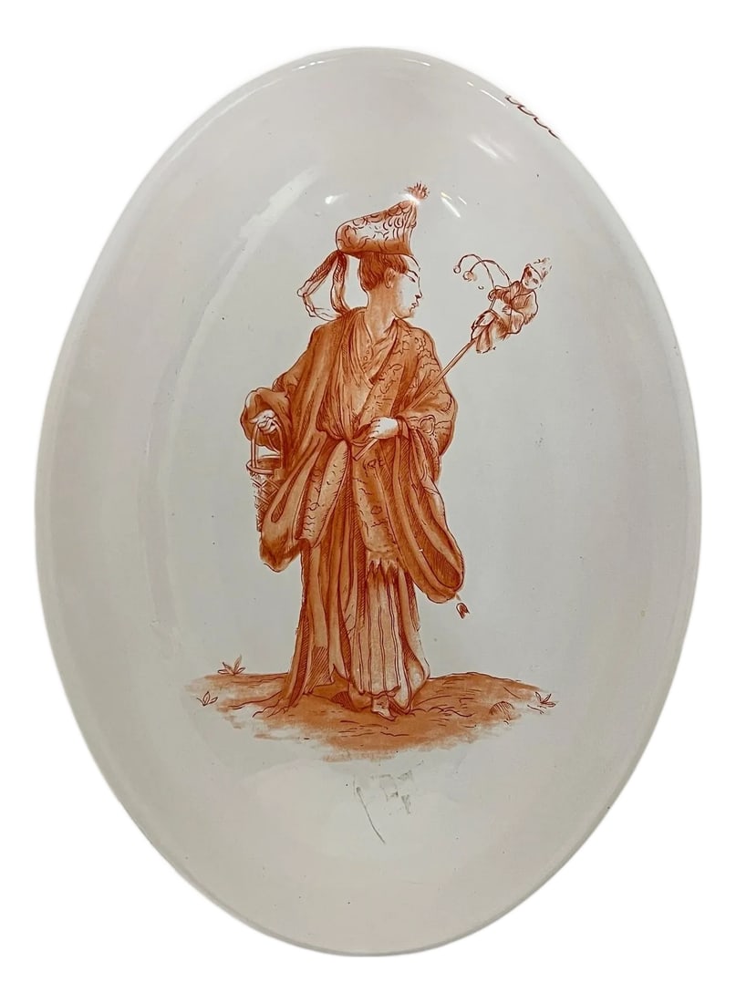 Vintage Mottahedeh Chinese Star God Lu Xing. Design Decorative Bowl: Vintage Mottahedeh Chinese Star God Lu Xing. design chinoiserie decorative bowl. A single asian man adorns the center while a floral band surrounds the outer rim. Measures 7" w x 10" d x 2.5" h.