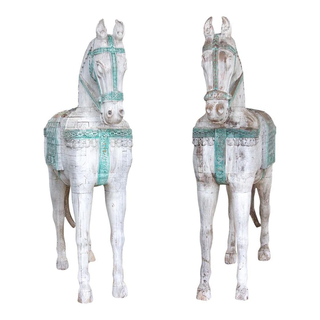 1960s The Rajasthani Guardians, Pair of Indian Ceremonial Wood Horses: This is an extraordinary offering: a powerful pair of nearly live-size Indian ceremonial wood horses, each a true sculptural masterpiece. Likely used in temple processions (Rath Yatra) across