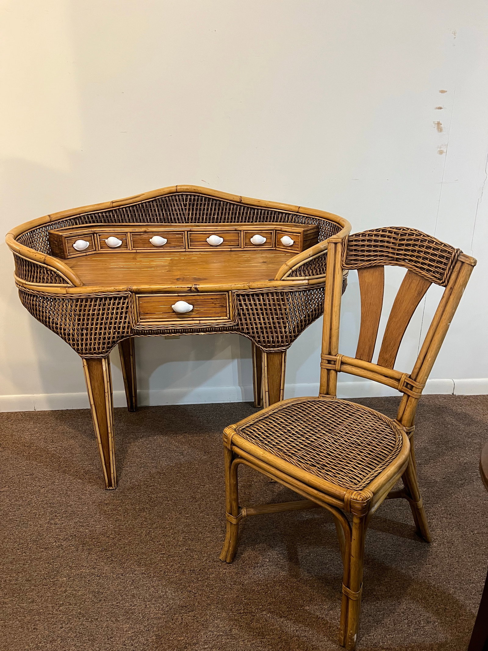 Vintage Bamboo Wicker Rattan Sea Shell Desk Set - 2