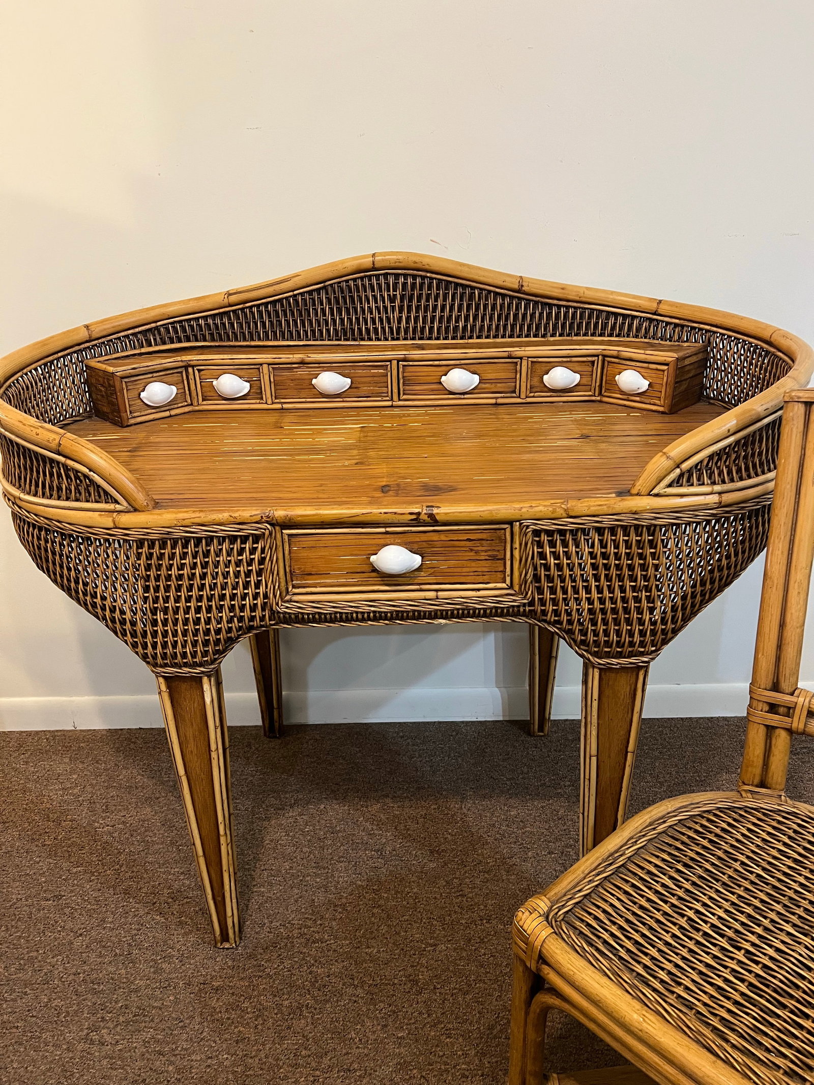 Vintage Bamboo Wicker Rattan Sea Shell Desk Set - 3