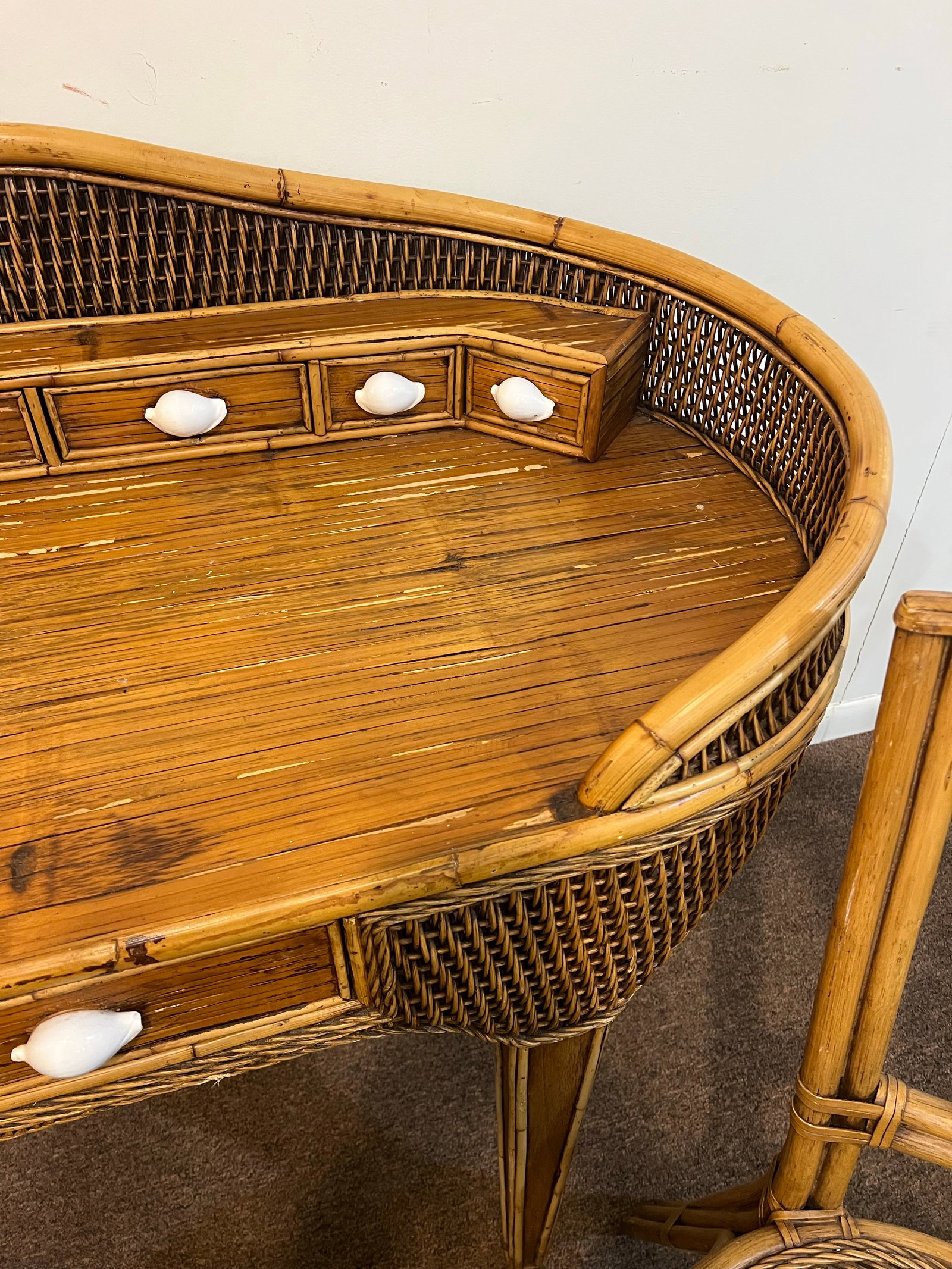 Vintage Bamboo Wicker Rattan Sea Shell Desk Set - 4