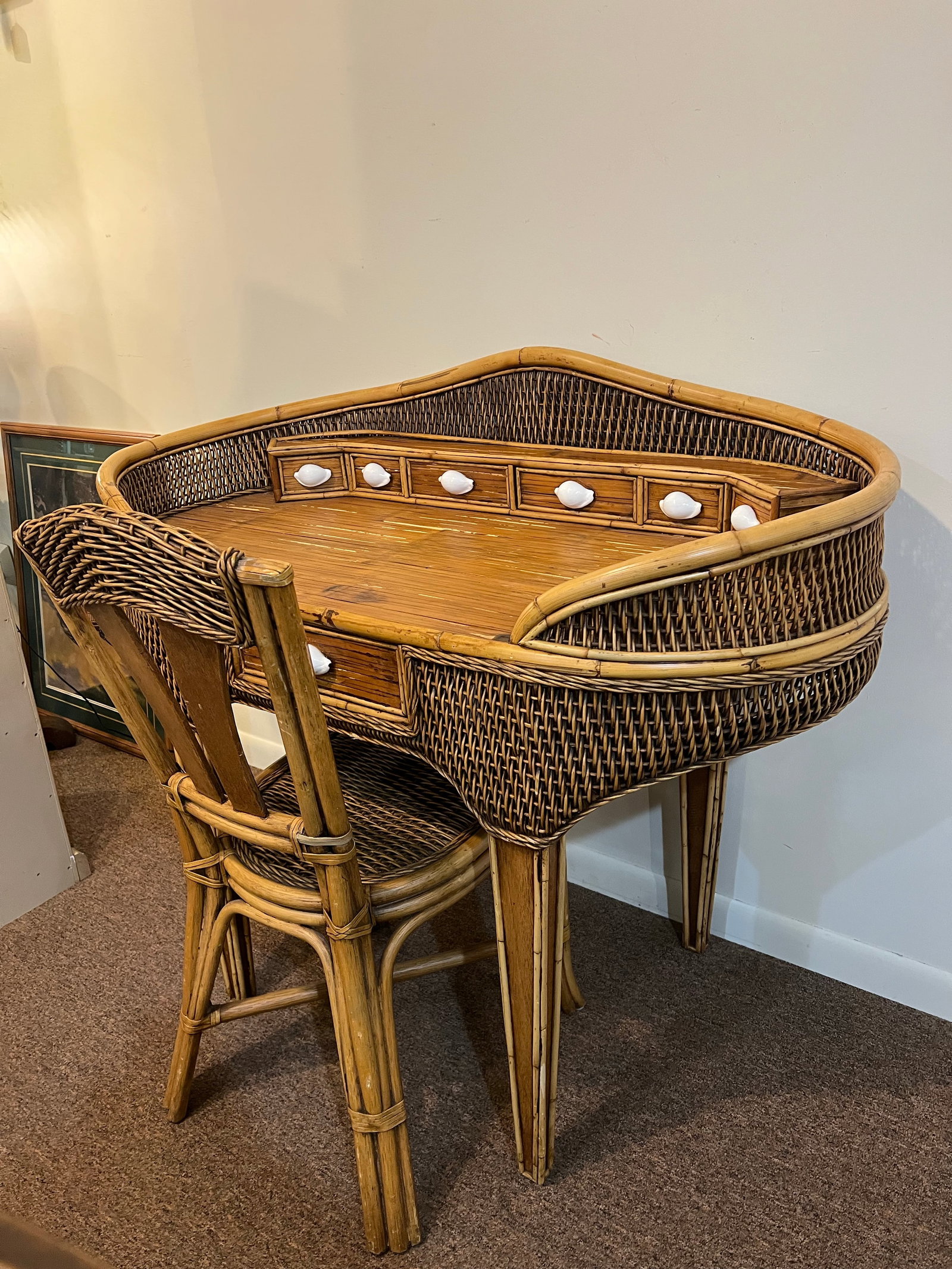Vintage Bamboo Wicker Rattan Sea Shell Desk Set - 6