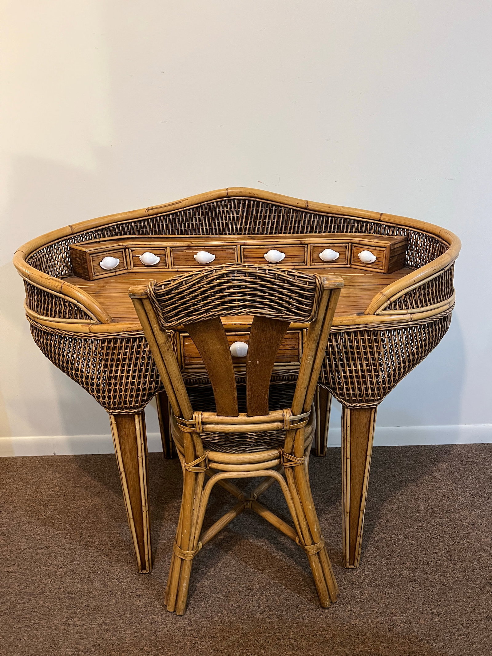 Vintage Bamboo Wicker Rattan Sea Shell Desk Set - 7