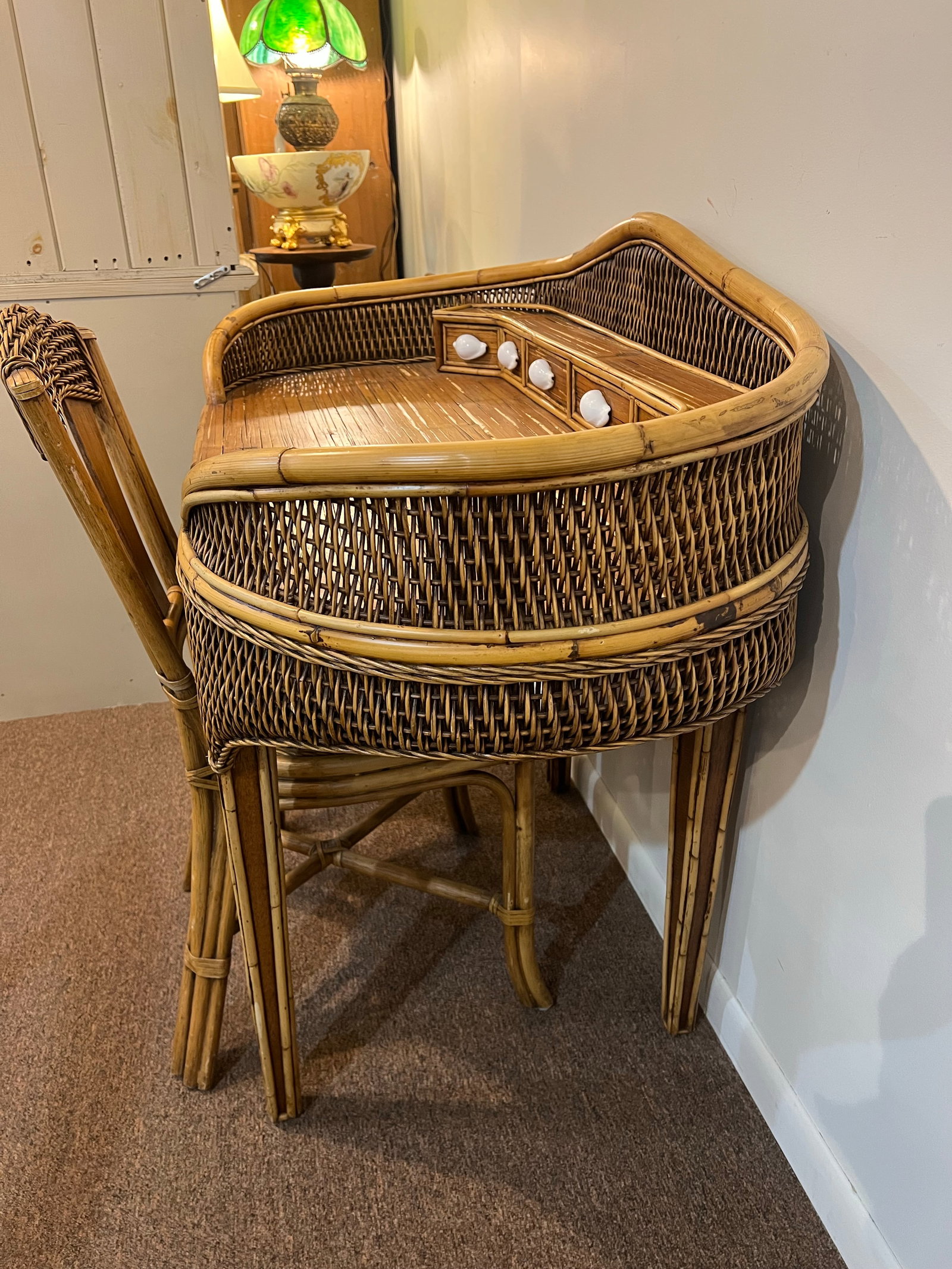Vintage Bamboo Wicker Rattan Sea Shell Desk Set - 8